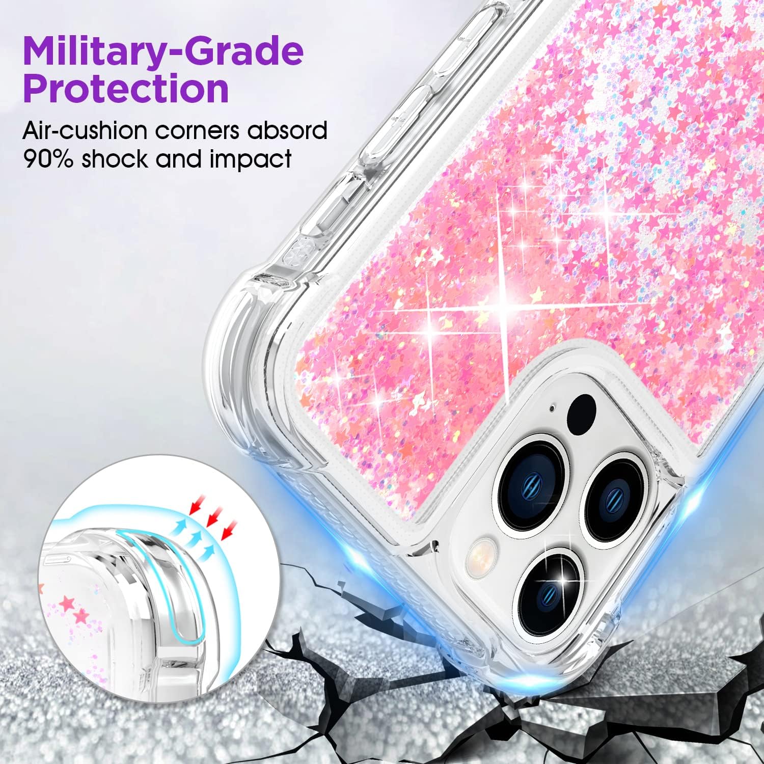 ANSHOW Compatible with iPhone 14 Pro Max Case Glitter, Shockproof Clear TPU Case with 2 Screen Protectors, Bling Light Pink Glitters for Women - Image 4