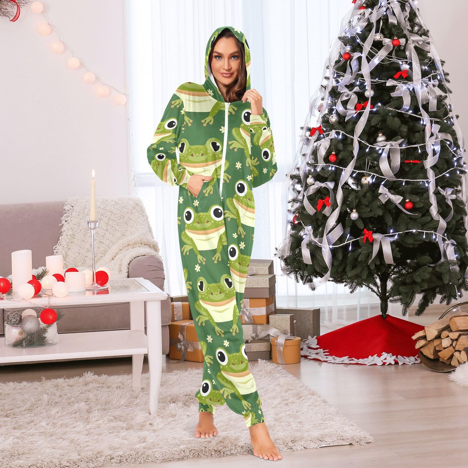 Mnsruu Grenouille Vert Animal Adulte Onesie pour Hommes Pyjama Polaire à Capuche Combinaison Loungewear Vêtements de Nuit