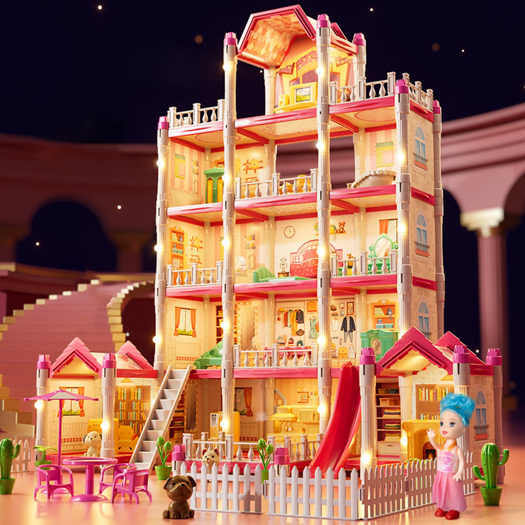 Casa delle bambole di lusso a 5 piani con 14 stanze, per bambine, castello da principessa fai da te con bambola, cucciolo, mobili e accessori, giocattoli di Natale da sogno per bambini di 3+ anni.