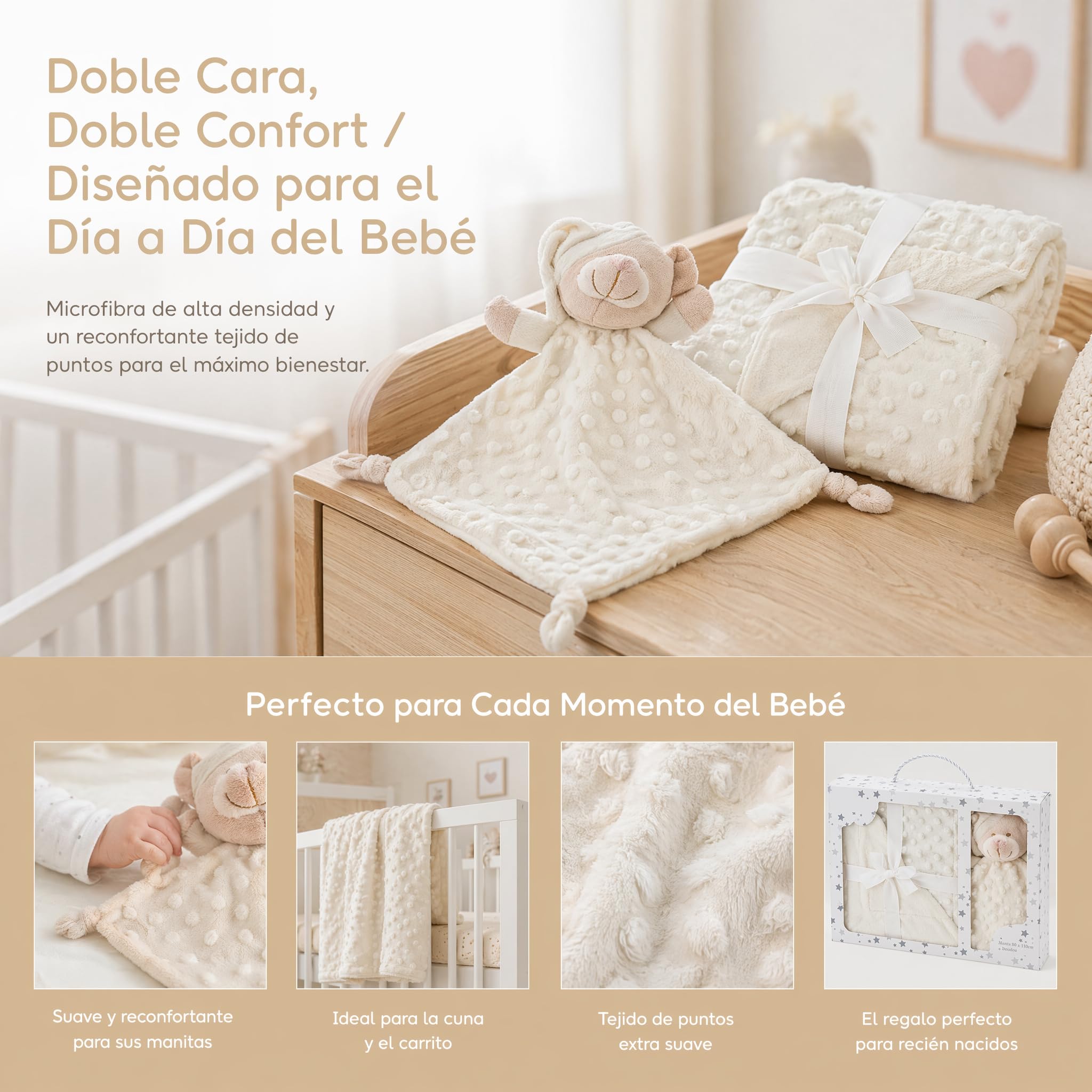 various Manta Bebé Suave con DouDou de Osito, Manta Envolvente para Recién Nacido 80x110 cm, Microfibra Hipoalergénica, Manta Infantil para Cochecito, Cuna y Regalo Baby Shower (Beige)
