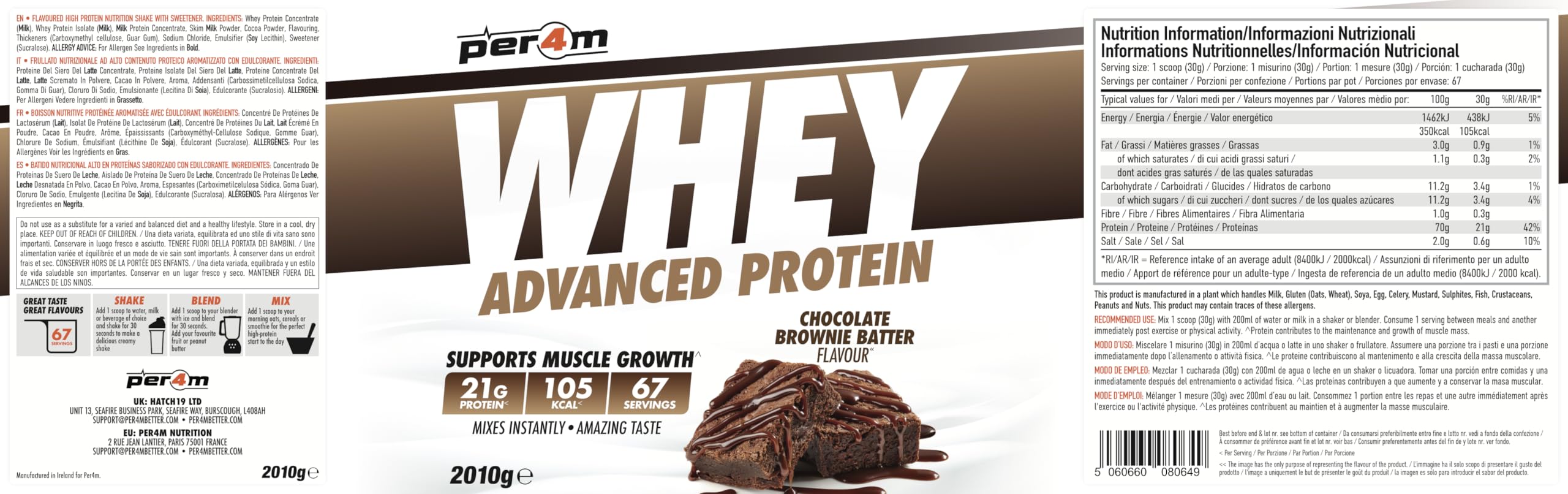 Per4m Whey Protein, Odżywka Białkowa WPC, 24 g Białka na Porcję, Budowanie Masy Mięśniowej i Szybka Regeneracja Po Treningu Siłowym dla Aktywnych Sportowców – Chocolate Brwonie Batter – 2010 g
