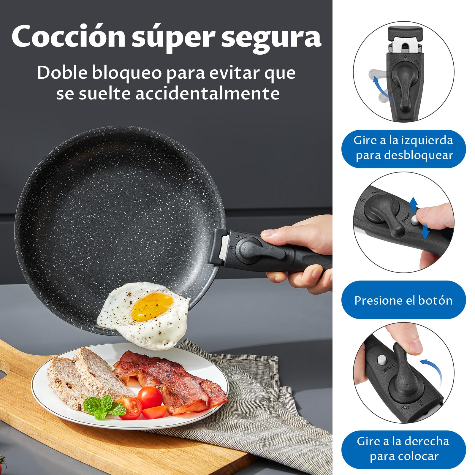 BEZIA Juego de Ollas y Sartenes 10 piezas, Batería de Cocina Antiadherente, Mango Desmontable, No Tóxico Sin PFOA, Apta para Inducción, Gas, Vitrocerámica y Horno, Apilable, Fácil de Limpiar