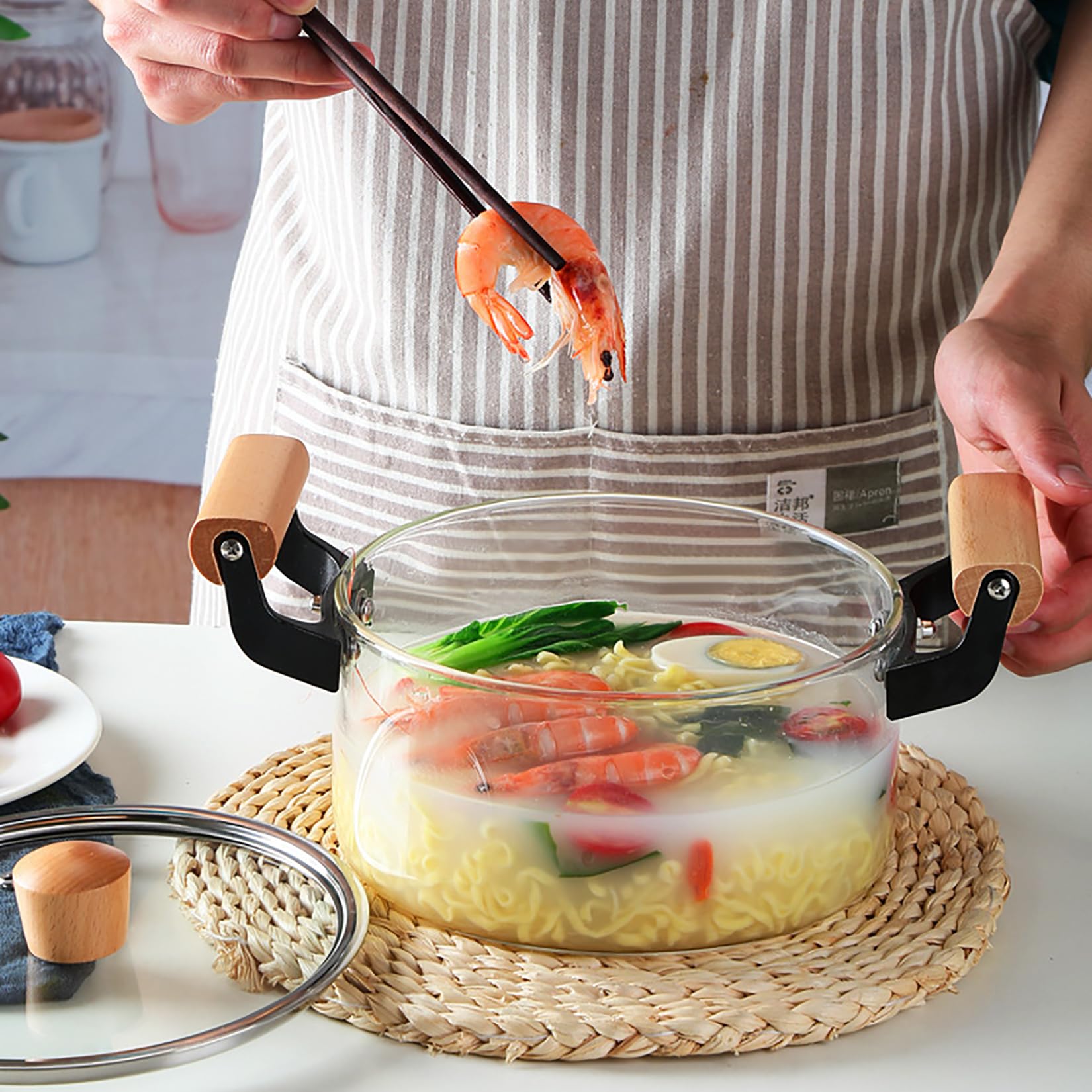 Pentole di Vetro Riscaldabile per Cucinare con Manico in Legno, Pentola in Vetro Trasparente per Ristorante di Cucina Domestica,3.5l