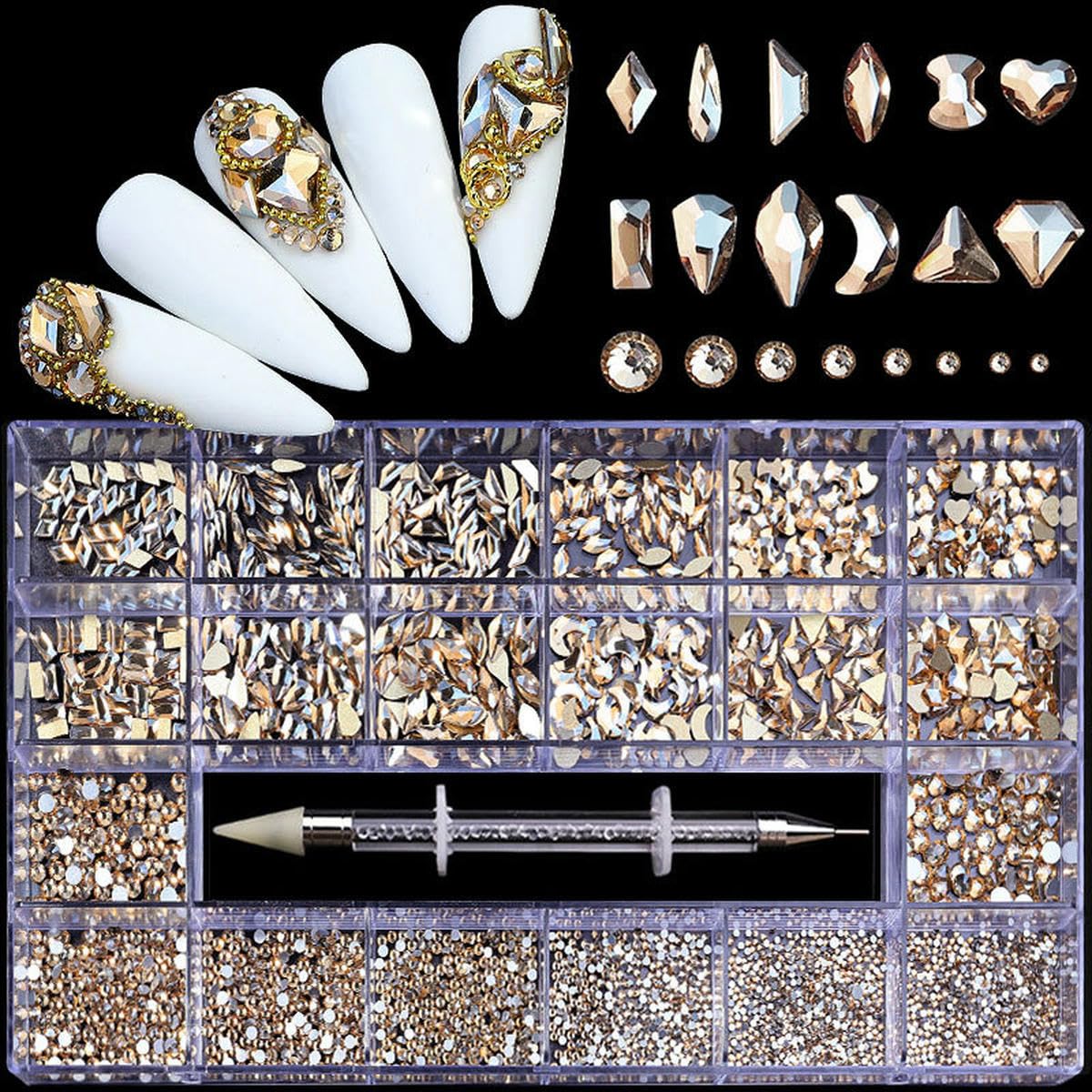2500 piezas de diamantes brillantes de lujo para decoración de uñas, juego de decoraciones de cristal con diamantes de imitación, vidrio AB, 1 pieza de bolígrafo en caja de rejillas, 21 formas, transp