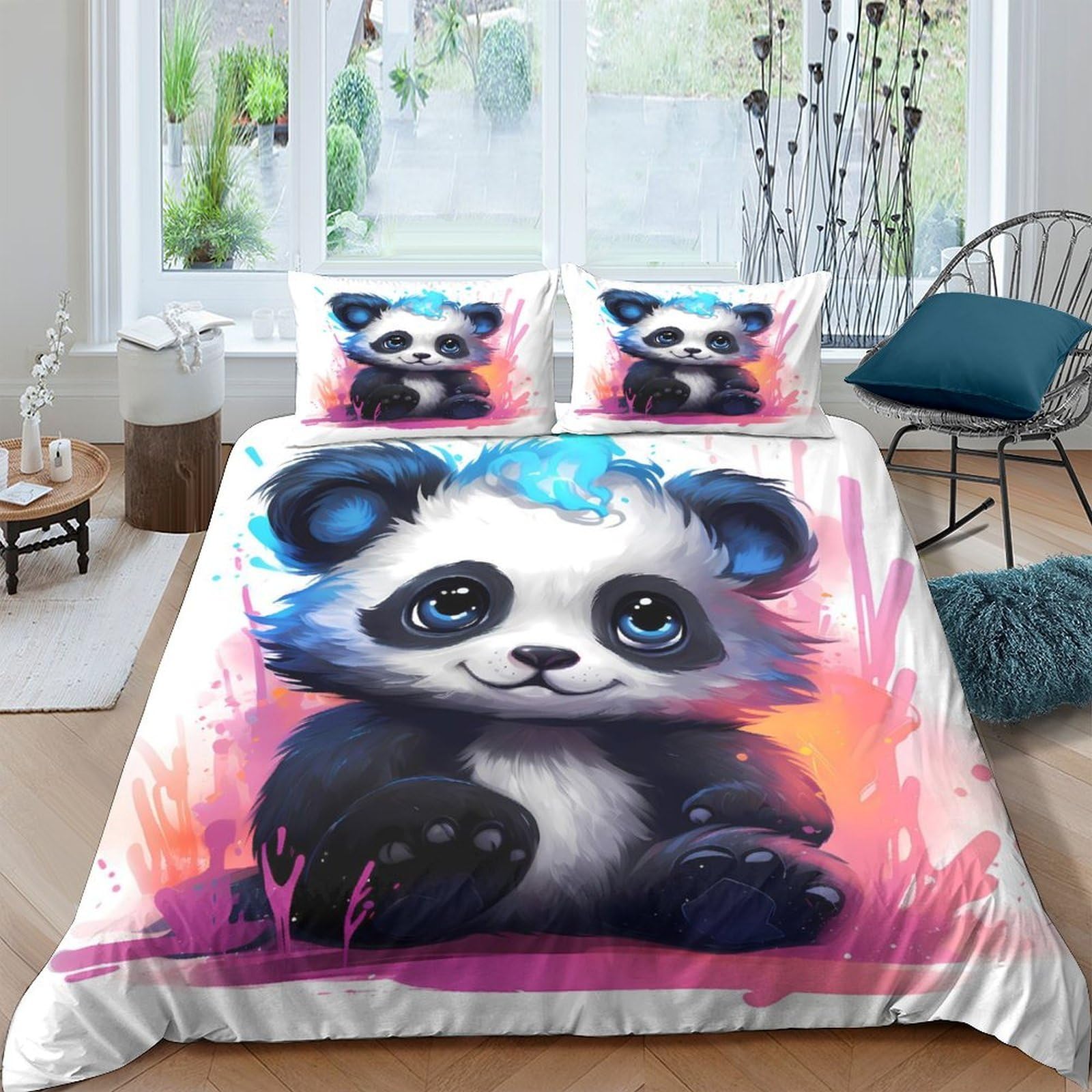 Ctjqhvkz Style-4 3D Printed Cute Panda Fitted Sheet Microfiber Soft Pink Blue Graffiti Bed Sheet For Bedroom Dorm Decor Mattress Cover Single（135X200cm）