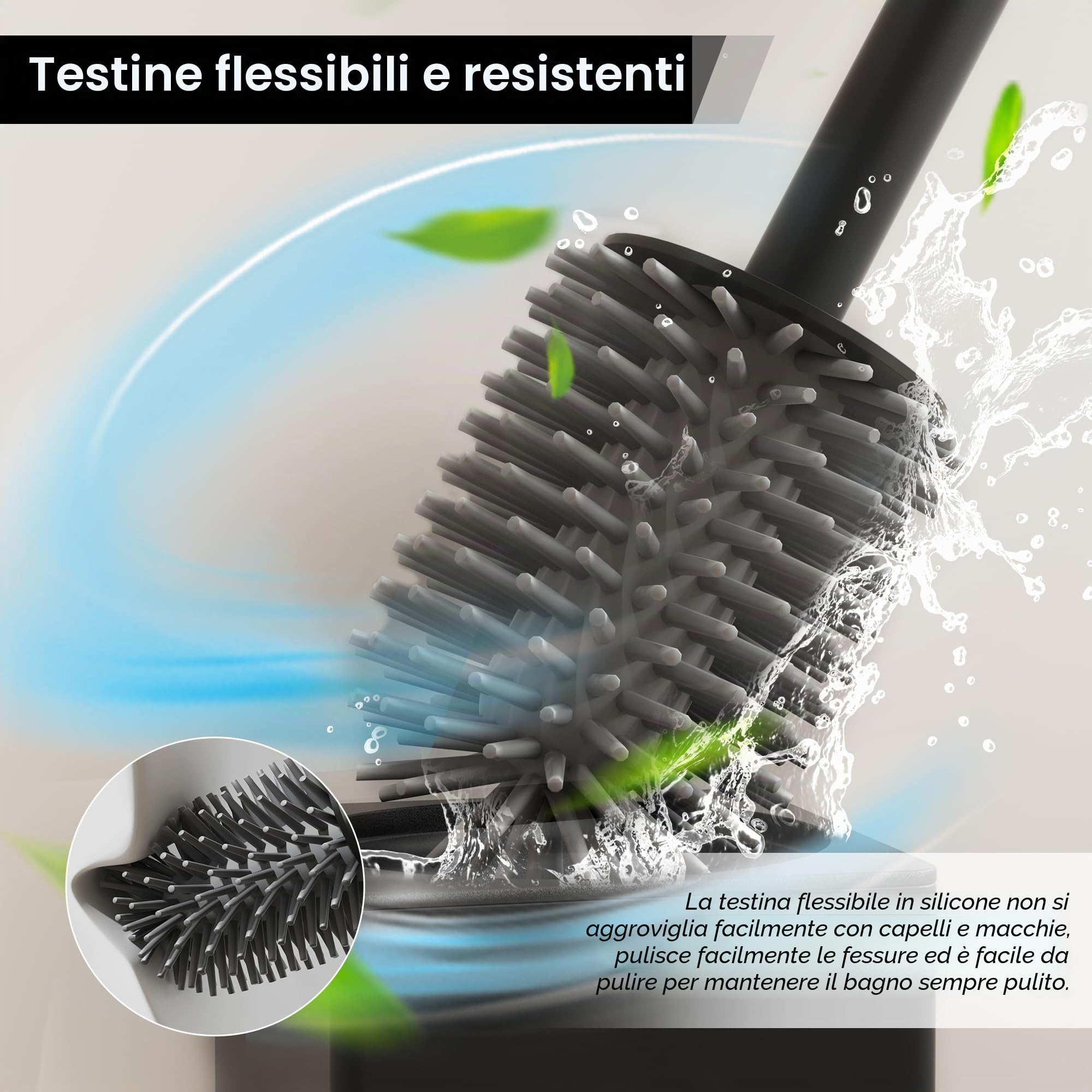 BVL Scopino Bagno WC da Parete Nero, Scopino WC Silicone Adesiva Senza Foratura, Incluse 2 Testine, Spazzolone Bagno WC in Metallo Quadrato