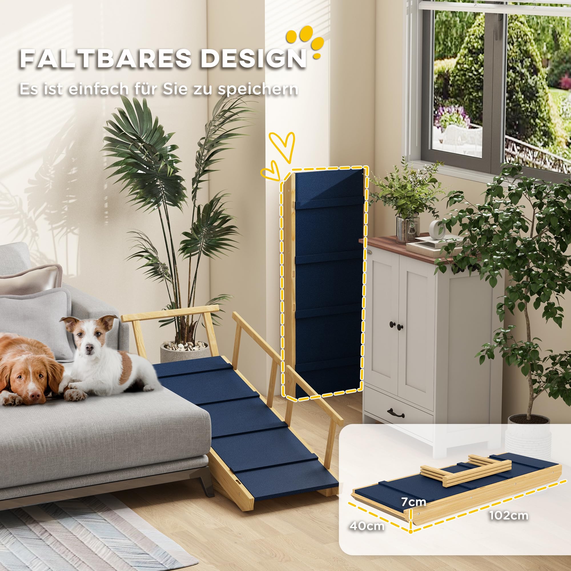 Rampa per cani PawHut Rampa pieghevole per animali domestici con ringhiera rimovibile, ausilio antiscivolo per la pensione dei cani fino a 40 kg, 85 x 40 x 78,5 cm, natura