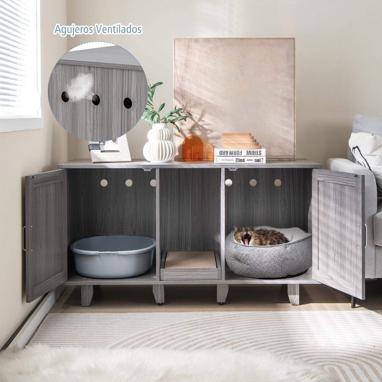 COSTWAY Cajas de Arena para Gatos, Casa de Baño Oculto para Mascota con 2 Puertas, Arenero Cubierto con Entrada Sinuosa y Tablero Rascador, Mesa Auxiliar para Gatos 120 x 52 x 65 cm (Gris Oscuro)