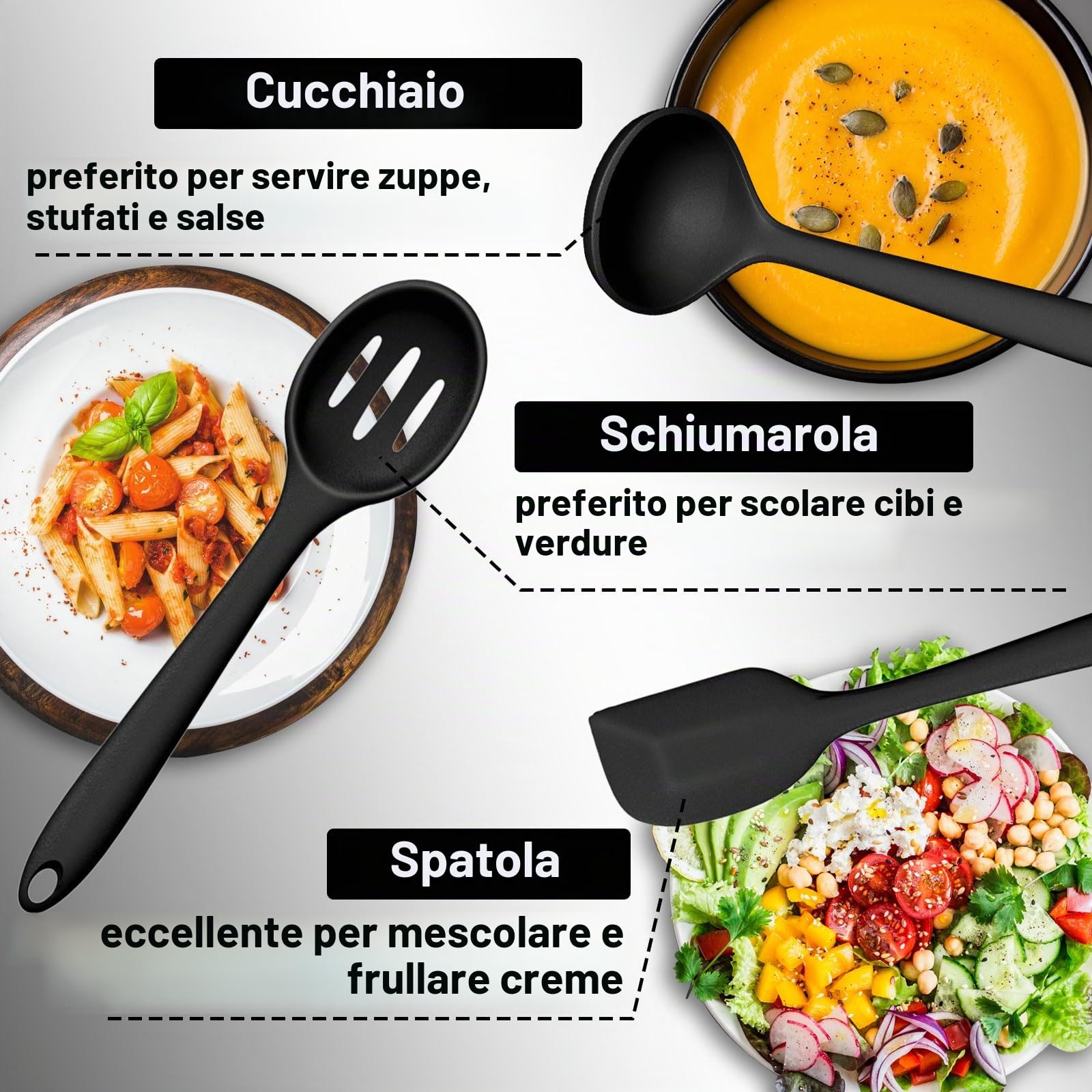 Terlulu Set di utensili da cucina in silicone, 12 pezzi, colore nero, antiaderenti, lavabili in lavastoviglie