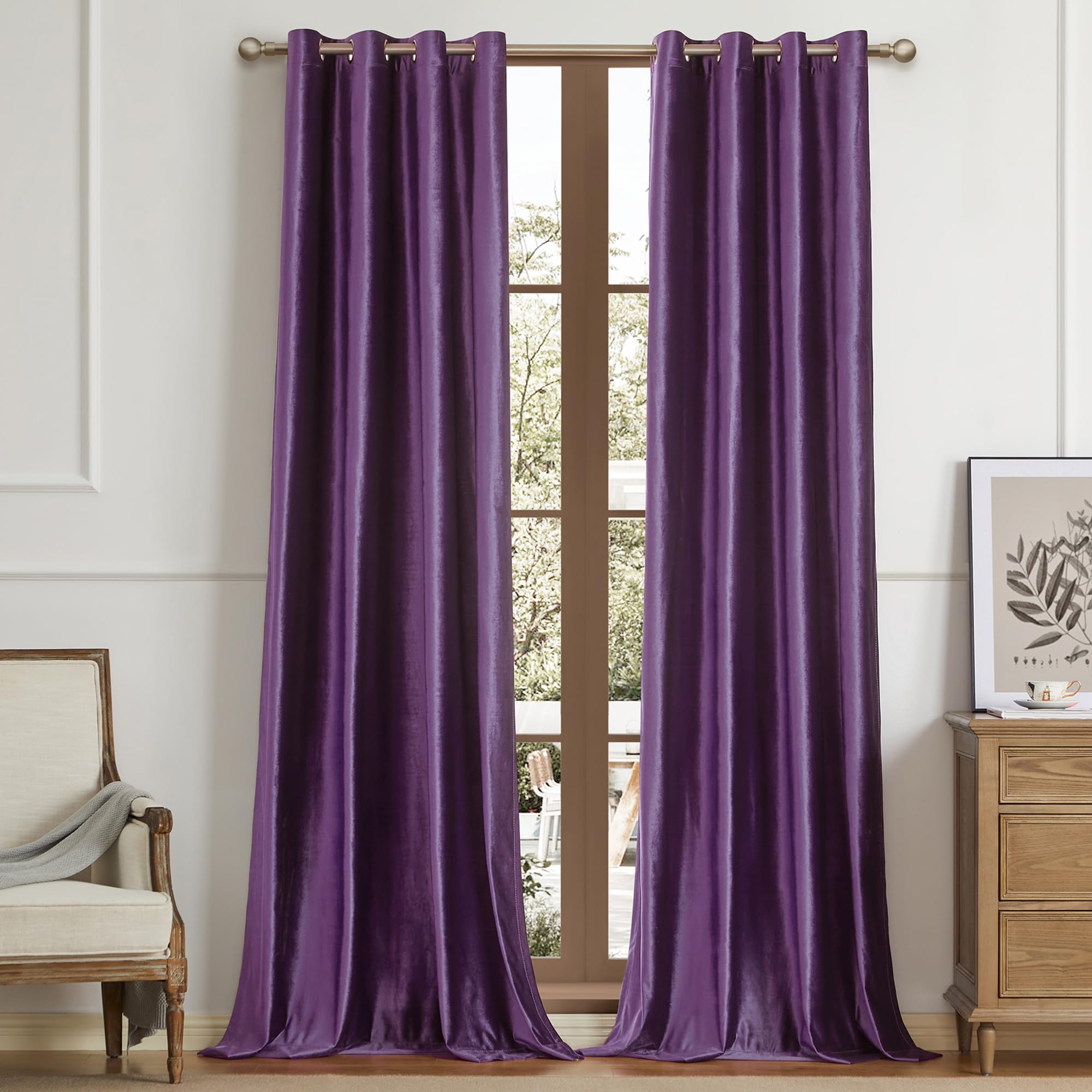 BULBUL Purple Velvet Curtains 120 Inch Length Living Room Window Curtains Blackout Decoration Grommet Curtains for Bedroom 2 Panels — image 1