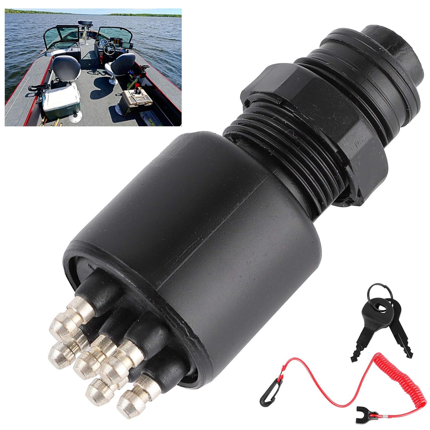 Outboard Ignition Switch with Safety Lanyard, 5005801 175974, Black Red - Durable Construction, Easy Plug and Play Installation for Motors
