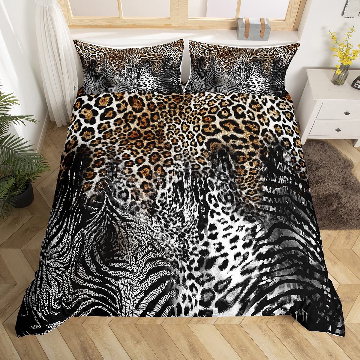 Loussiesd Zebra Skin Duvet Cover Africa Wildlife Kids Boys Comforter Cover Leopard Tiger Skin Animal Ultra Soft Bedding Set Black and White Brown Bedspread Super King — image 1