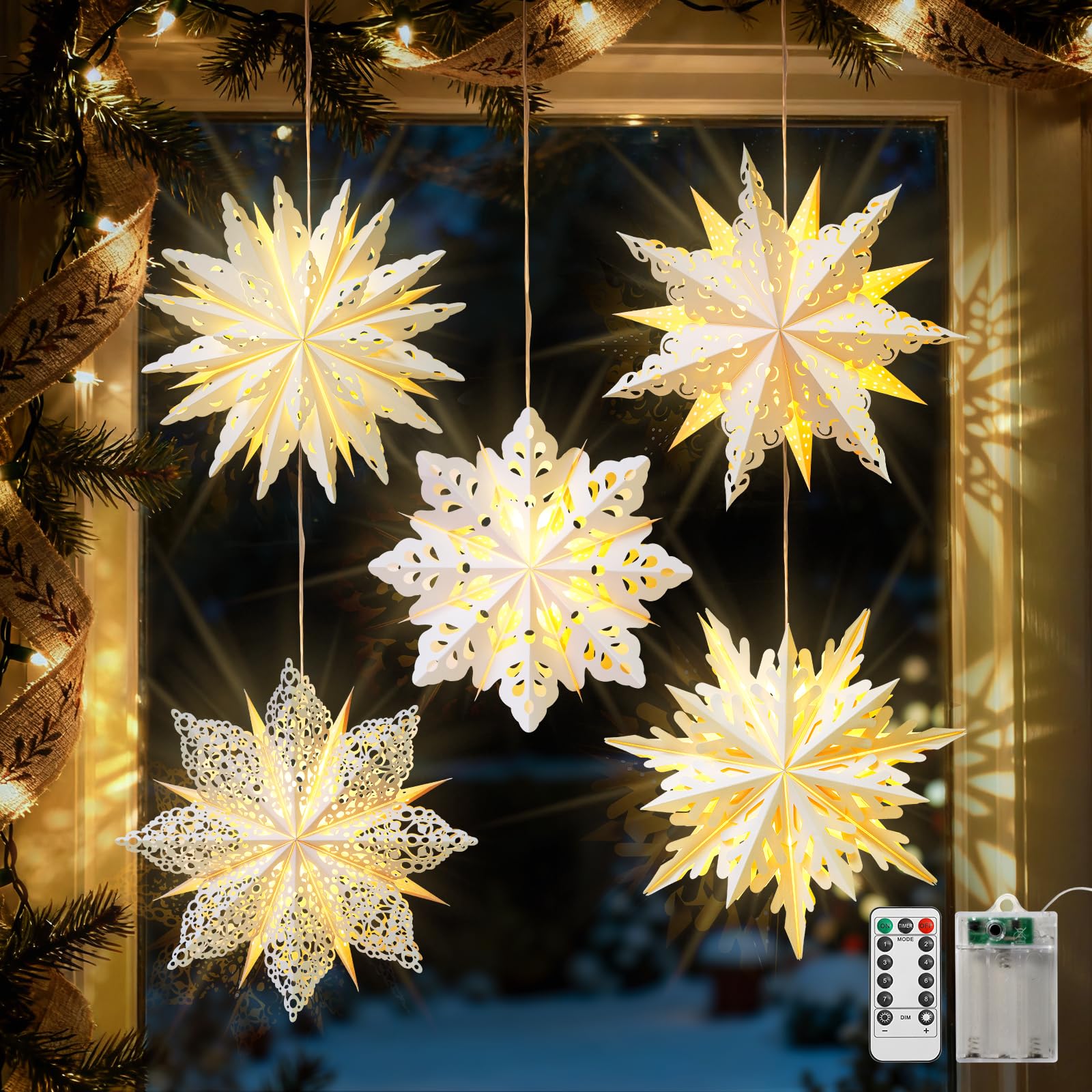 Luxspire 5Pack Christmas Paper Star Lantern, 45Cm Hanging Paper Stars Decorations With String Lights & Remote Control, 5 Pack Foldable Papers Lantern Lights For Christmas Window Wall Decor