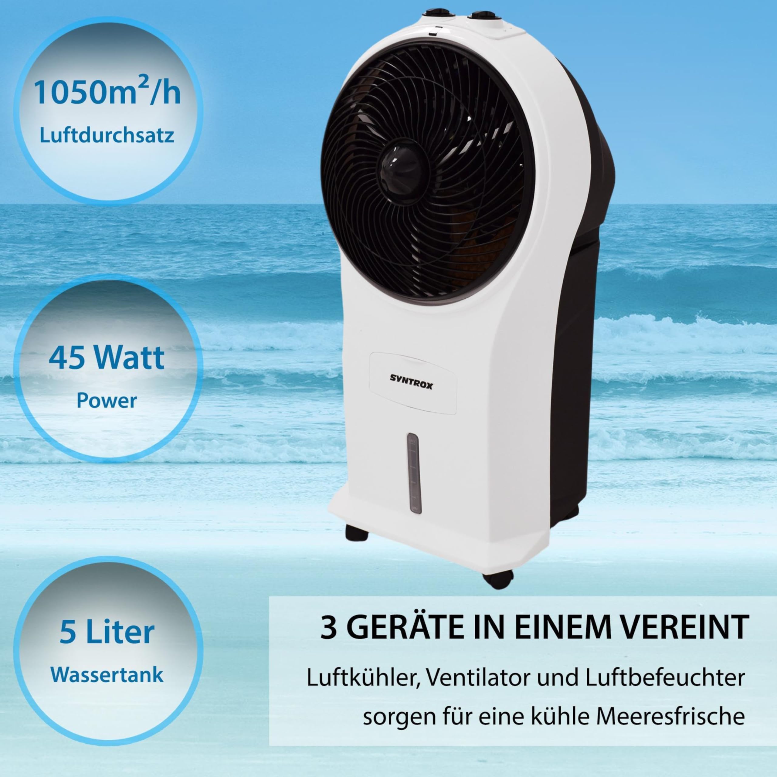 Syntrox Luftkühler mit Wasser Chilly | Verdunstungskühler | Luftbefeuchter, Multifunktions-Ventilator, Effektive Temperaturreduktion, 45 Watt, gegen trockene Luft