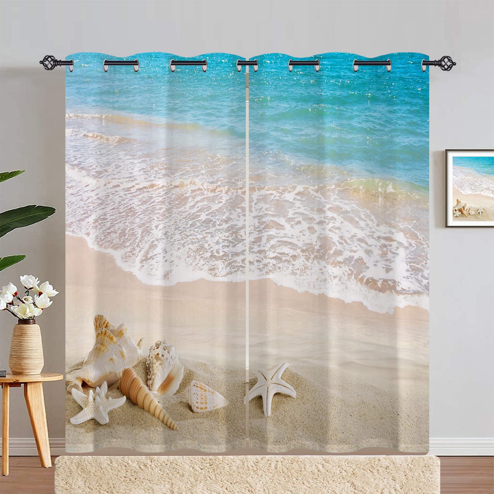 ANHOPE Beach Curtains Eyelet Thermal 80% Blackout Curtains with Tropical Ocean Seaside Conch Seashell Print Pattern Soundproof Privacy Window Drapes for Bedroom Living Room 55 x 72 Inch Drop 2 Panels โ image 1