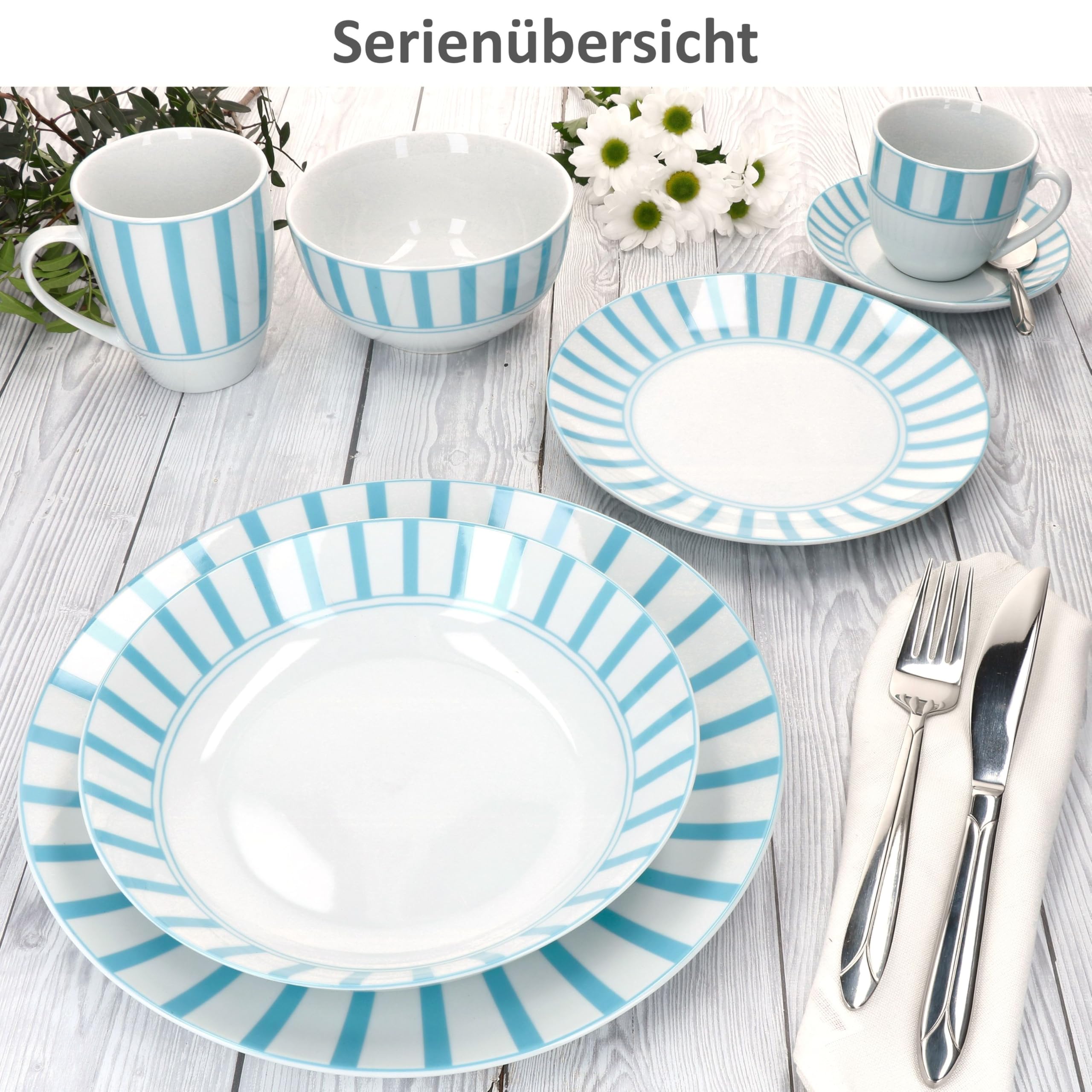 MamboCat Split Service de table 12 pièces turquoise I Vaisselle en porcelaine blanche à rayures pour 6 personnes I 6 assiettes creuses & 6 assiettes plates pour petit-déjeuner, déjeuner et dîner