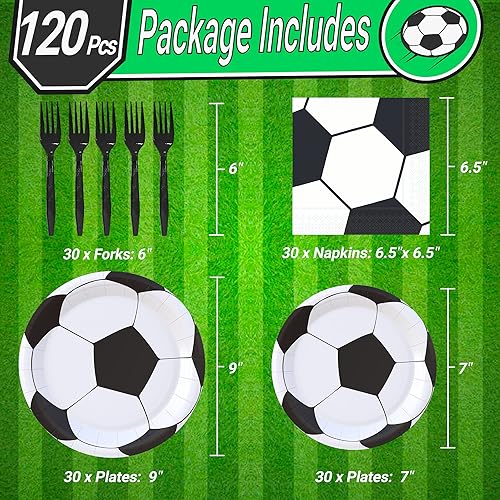 Miniatura 2 de Paquete de 120 piezas de suministros de fiesta de fútbol, platos de papel, servilletas, tenedores, decoración de cumpleaños para niños para 30