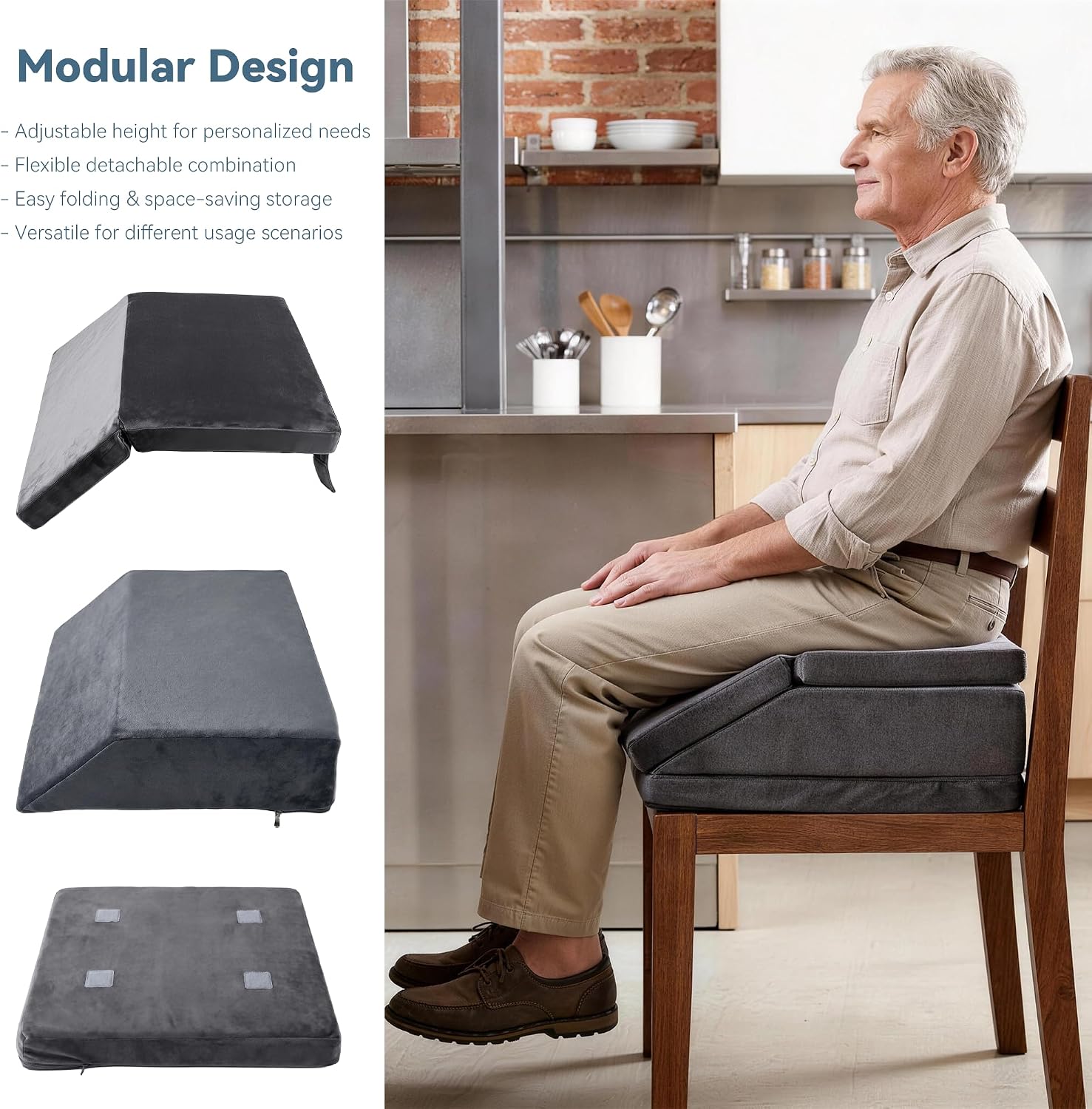 Thick Adjustable Wedge Seat Cushion, Hip Replacement Recovery Aids, 4-Height Modular Foam Slope Cushion for Post-Surgery, Fits Home Office Car Wheelchair, Grey
