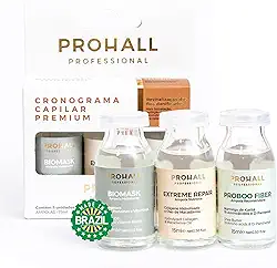 Prohall Cosmetic Kit Mascarilla de Tratamiento Cronograma Capilar Premium com 3- Ampolas Tratamiento de Proteínas para Cabello 1.5FLOz