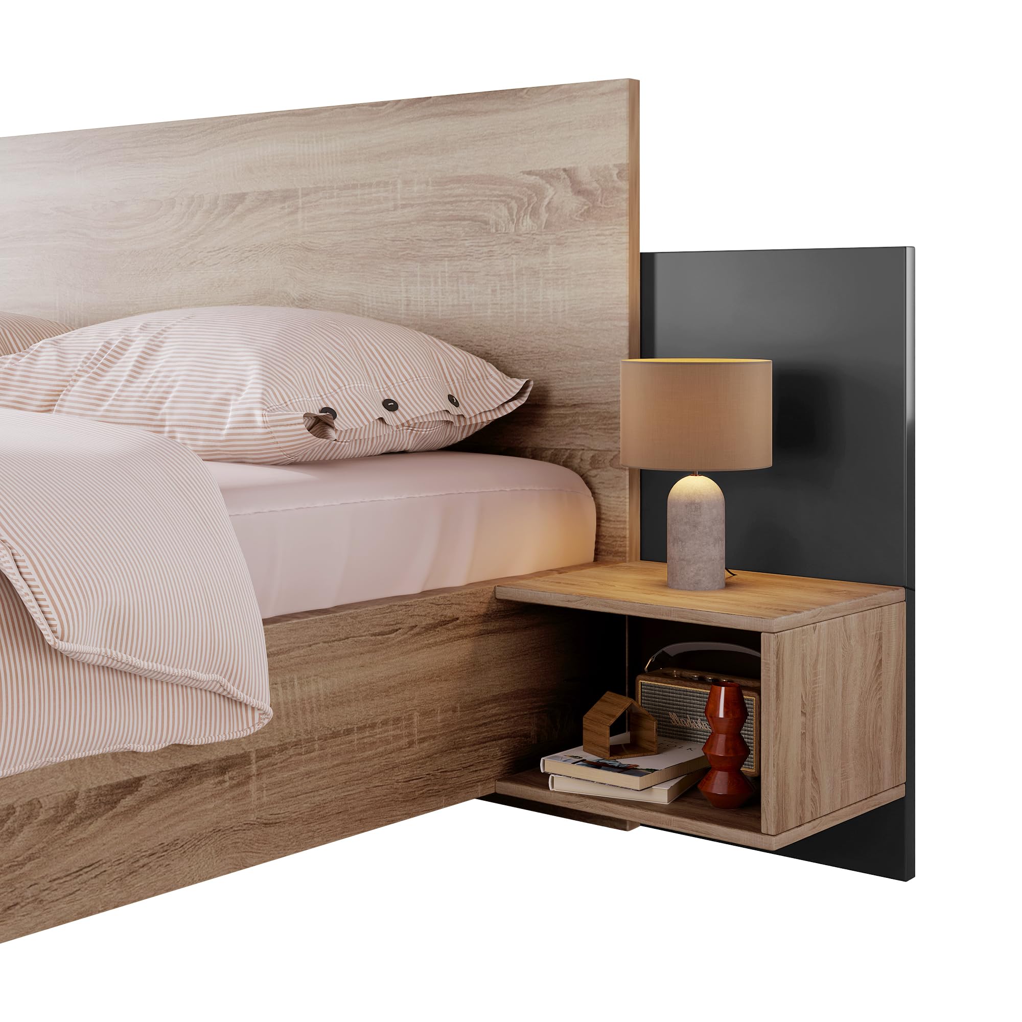 Lit double en bois 160 x 200 cm avec 2 tables de nuit, lit moderne avec 2 tables de chevet, kit complet pour chambre à coucher, chêne Sonoma/gris foncé, 205,5 x 235 x 76,5 cm (l x p x h)
