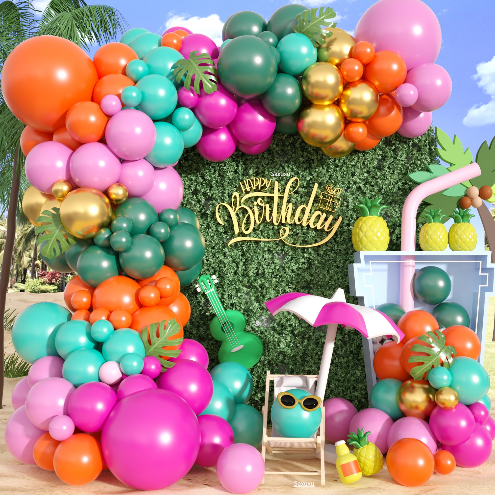 Tropical Balloons Arch Kit, Hawaiian Balloon Garland Arch Kit, Hot Pink Green Orange Balloon For Tropical Flamingo Hawaiian Summer Beach Theme