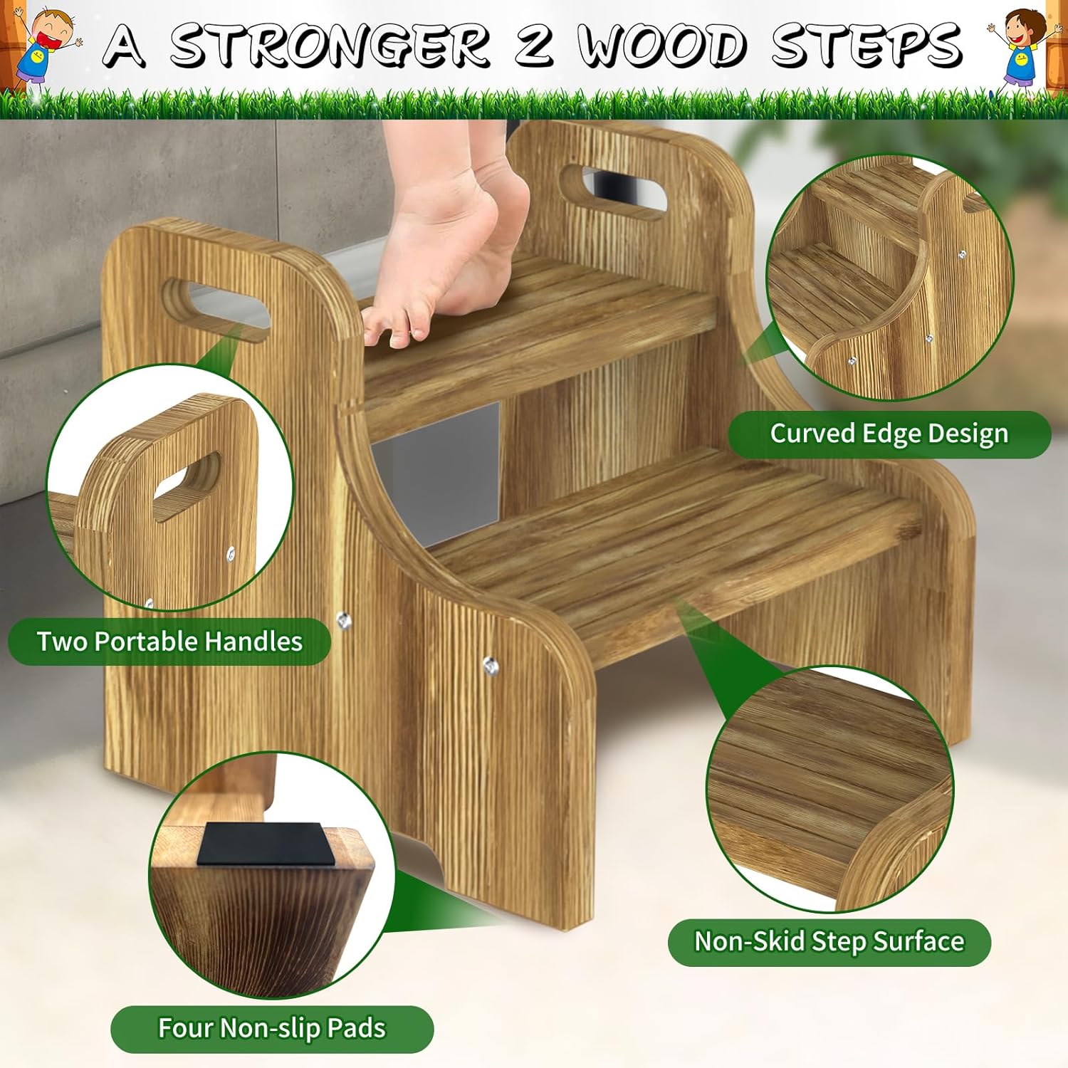 Wooden 2 Step Stool for Kids and Adults, Solid Wood Two-Step Stools for High Beds, Portable Stepping Stool with Non-Slip Pads for Kitchen/Bathroom (300LBs Capacity, 13.3" W)
