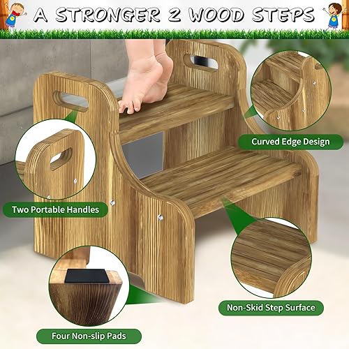 Miniatura 3 de Taburete de madera de 2 escalones para niños y adultos, taburetes de madera maciza de dos pasos para camas altas, taburete portátil con almohadillas
