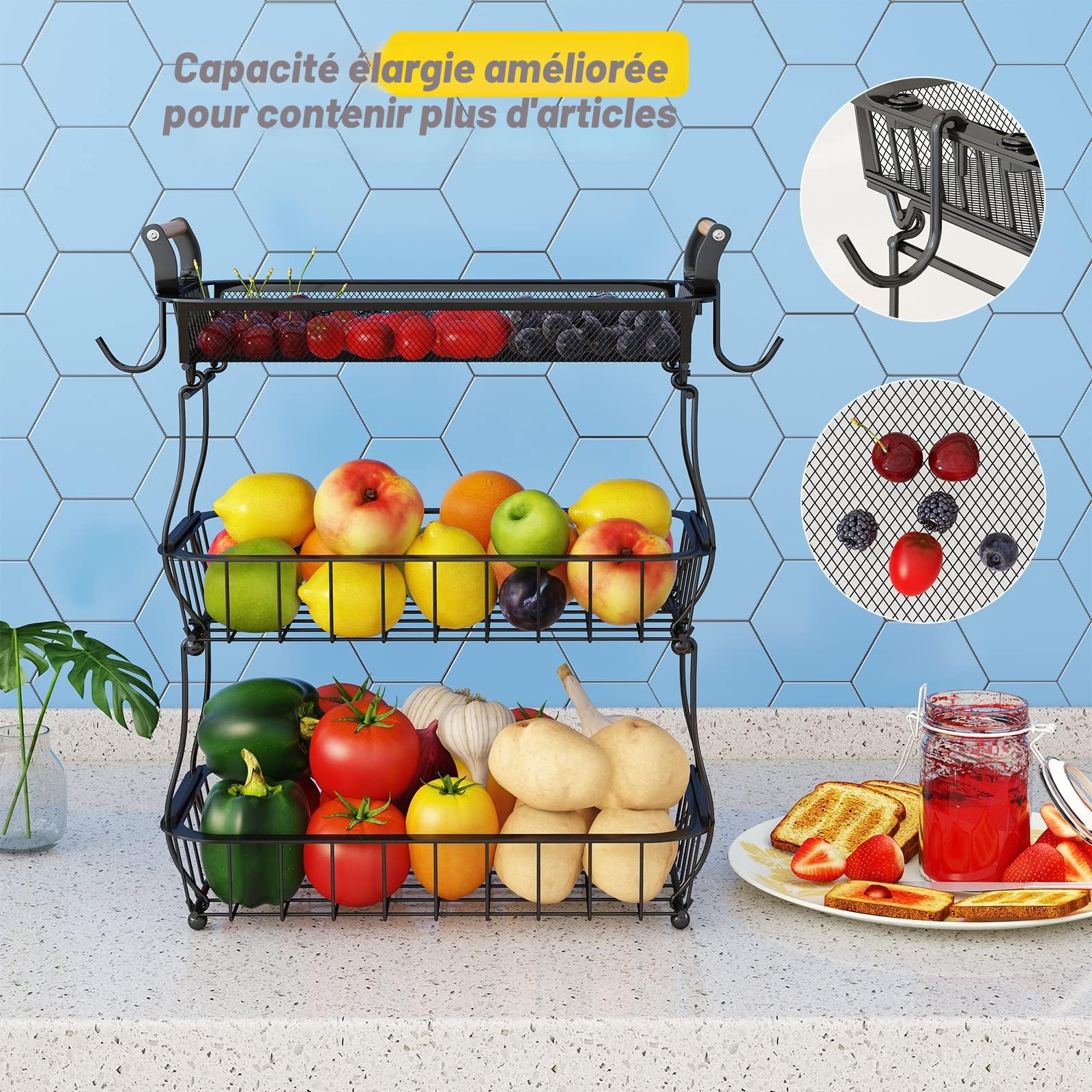 Panier à fruits à 3 niveaux avec 2 cintres pour bananes, panier à fruits et légumes pour comptoir de cuisine, panier en maille métallique, support de fruits pour oignons, collations et légumes, noir