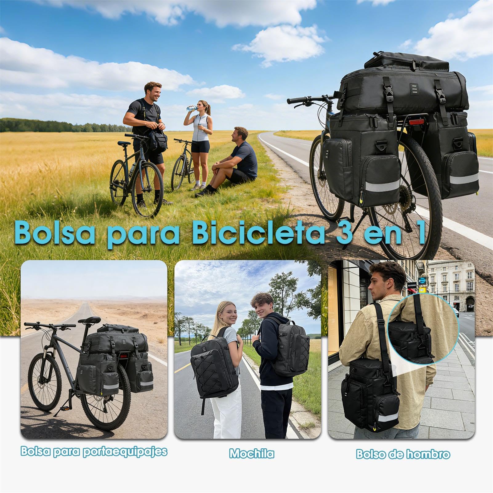 3 en 1 Bolsa de Alforja para Bicicleta Impermeable Gran Capacidad Bolso Bicicleta Multifuncional Bolsa Trasera de Bicicleta, Mochila, Bolso de Hombro con Funda para Lluvia para Ciclismo