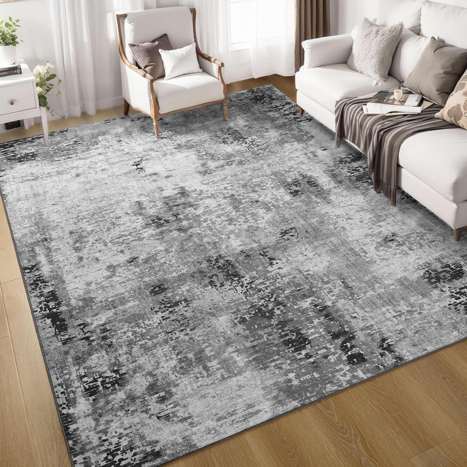 Living Room Rug 6x9 Gray Area Rug Machine Washable Boho Carpet Non Slip Abstract Vintage Indoor Large Rugs