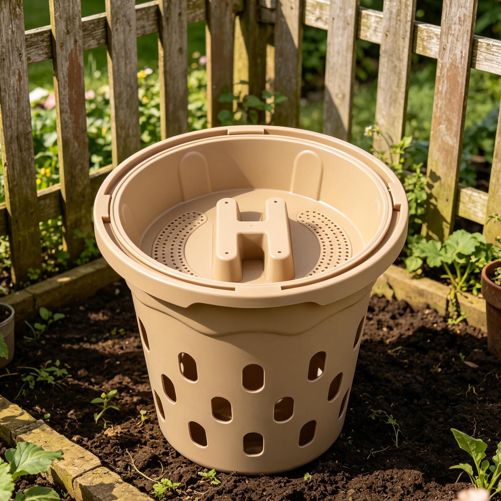 Caja de Compostaje Orgánico para Residuos de Cocina y Jardín, Plástico Beige, Mejora la Calidad del Suelo, Solución para Camas de Jardín al Aire Libre