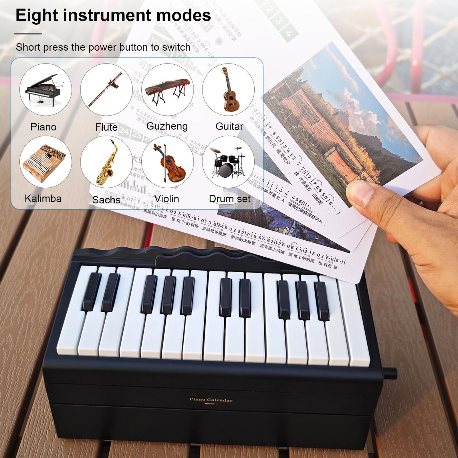 Btuty Calendario de Piano Reproducible BT de 25 Teclas, Teclado Electrónico con 52 Canciones Mundialmente Famosas, 8 Modos Instrumentos, Luces LED, Decoración Escritorio Música (Negra)