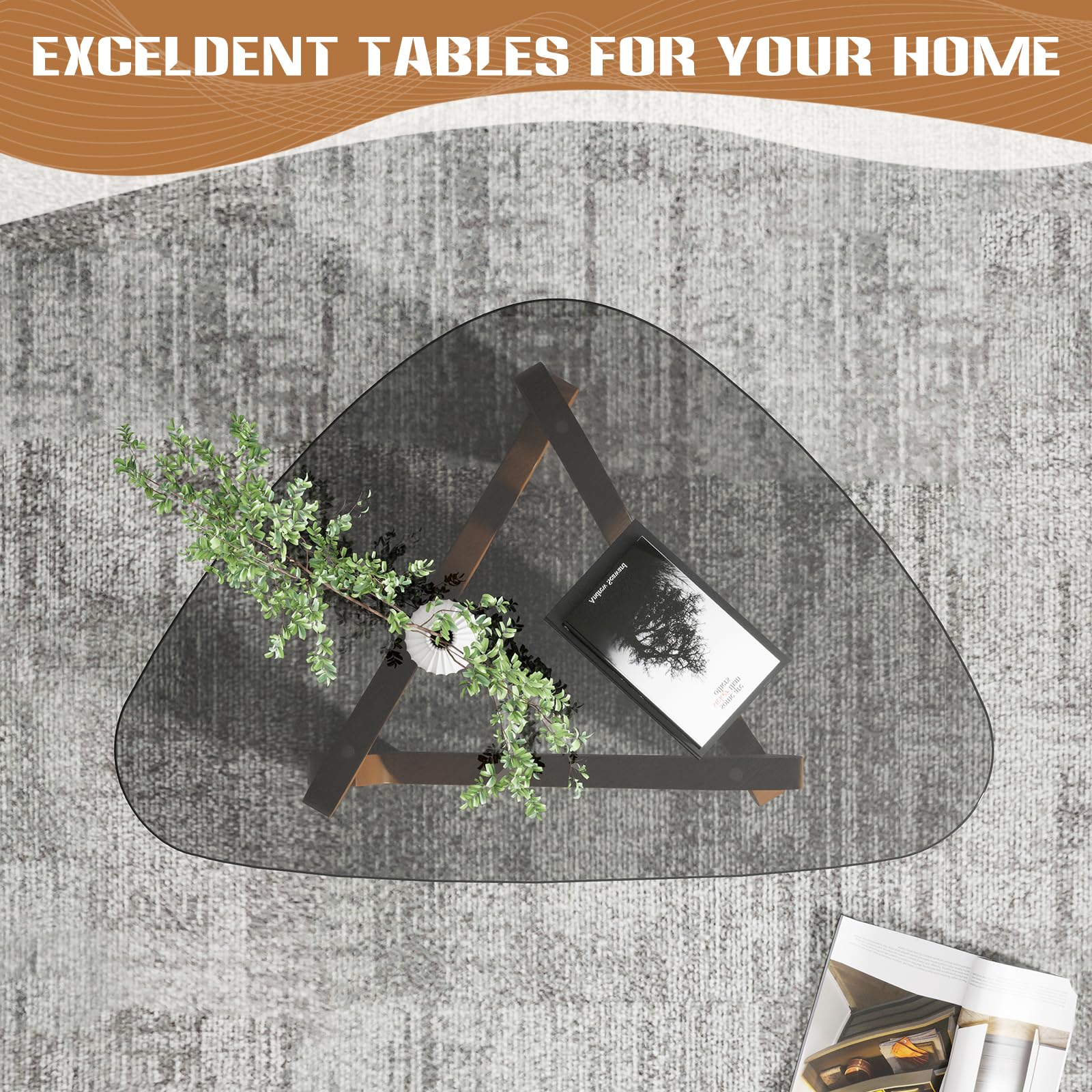 Table basse triangulaire en verre, table basse moderne avec base triangulaire en bois massif et verre trempé épaissi, table d'appoint, table basse inhabituelle pour salon bureau, 82 x 57 x 35 cm (gris