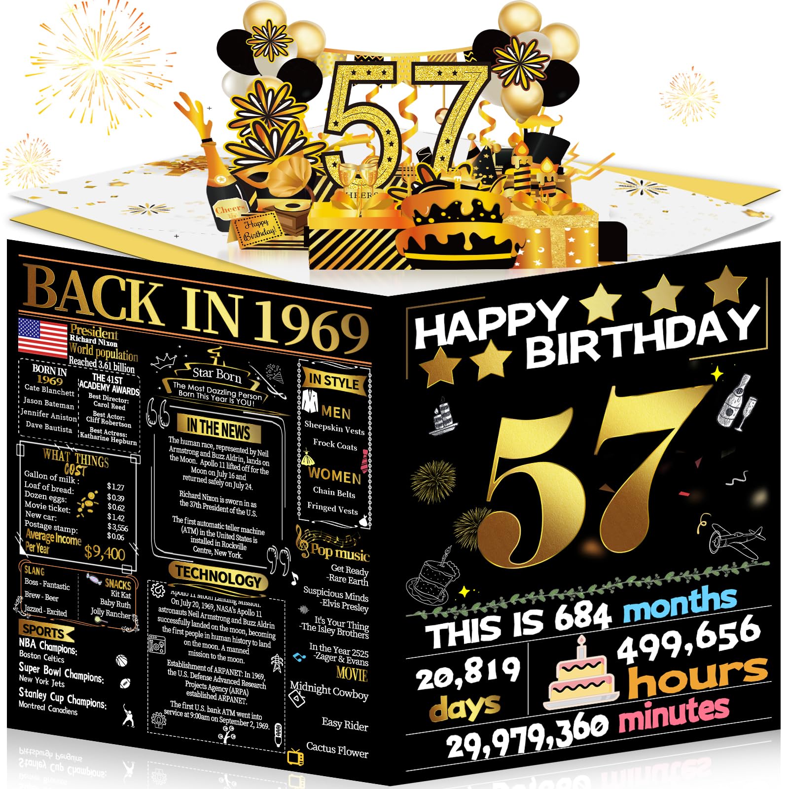 Joycard 57th Birthday Card for Women Men, 3D Pop Up Happy Birthday Gift for Mother Dad, Funny 57 Year Old Birthday Decorations for Wife Husband, Back in 1969 Laser Gold Retro Theme