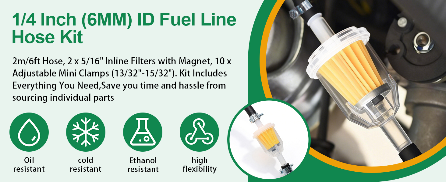 Image of 1 /4 Inch (6MM) ID Fuel Line Hose Kit: 2m /6ft Hose, 2 x 5 /16 inch Inline Filters with Magnet, 10 x Adjustable Mini Clamps (7 /16 inch-1 /2 inch) for conveying gasoline, E-85, diesel, and bio-diesel
