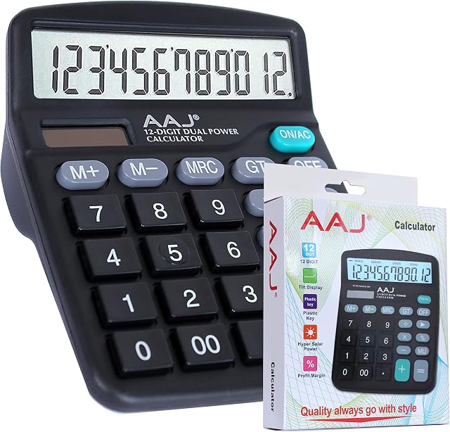 AAJ Electronic Calculator | Desktop Calculator | 12-Digit Solar Battery Dual-Power Calculator | LCD Display and Large Buttons Calculator | Office and School work (Battery Included)-Black
