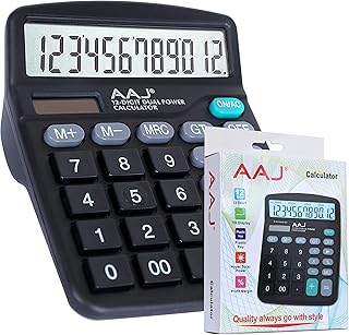 AAJ Electronic Calculator | Desktop Calculator | 12-Digit Solar Battery Dual-Power Calculator | LCD Display and Large Buttons Calculator | Office and School work (Battery Included)-Black
