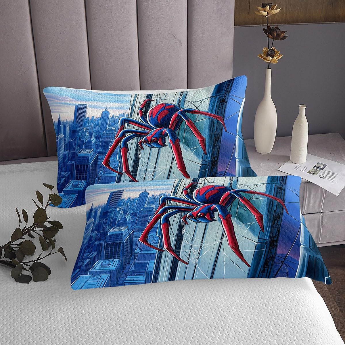 Homewish 3D Spider Kids Bedspread King Size,Blue City Building Bedding Sets 3Pcs for Boys Teens Men Room Decor,Hero Theme Comforter Sets Modern Cool Quilt Coverlet,2 Pillowcases