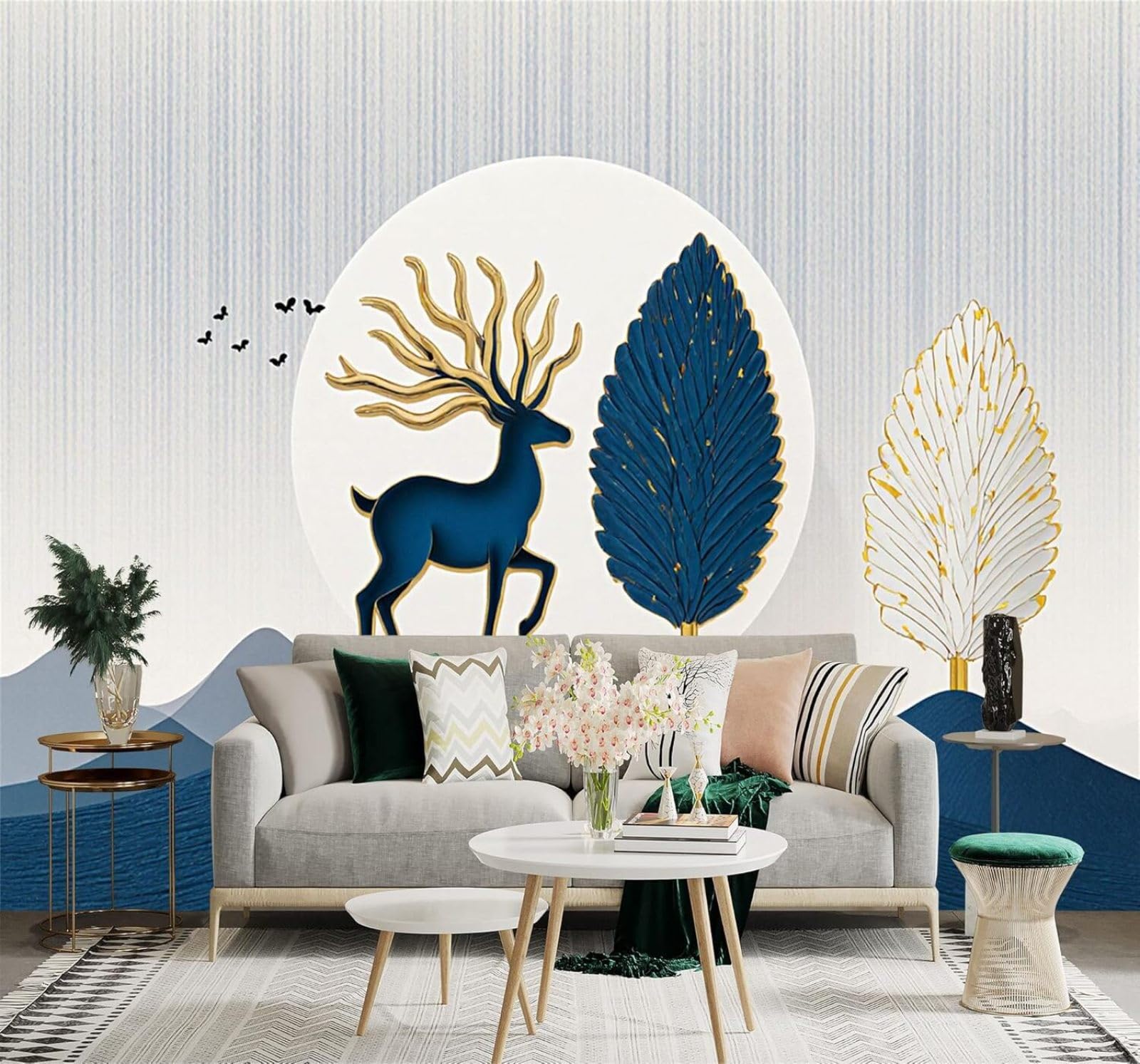 Xlming 430Cm×300Cm(B×H) Golden Antlers Blue Deer Mountain Scenery Moon Abstract Trees 3D Wallpaper Silky Texture Home Study Office Grey Dining Room Sofa Bedroom Living Room Tv Backdrop-430Cm×300Cm