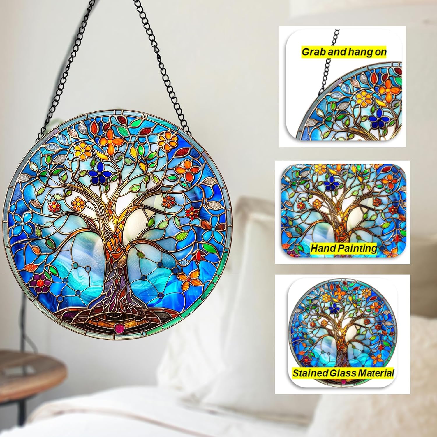 Tree of Life Suncatcher 8 Inch Stained Glass Window Hanging Diamond Chain Hooks – Indoor/Outdoor Wall Art Home Décor -Gift for Women Men Valentine's Day Thanksgiving Ornaments Festival Gifts - Image 2