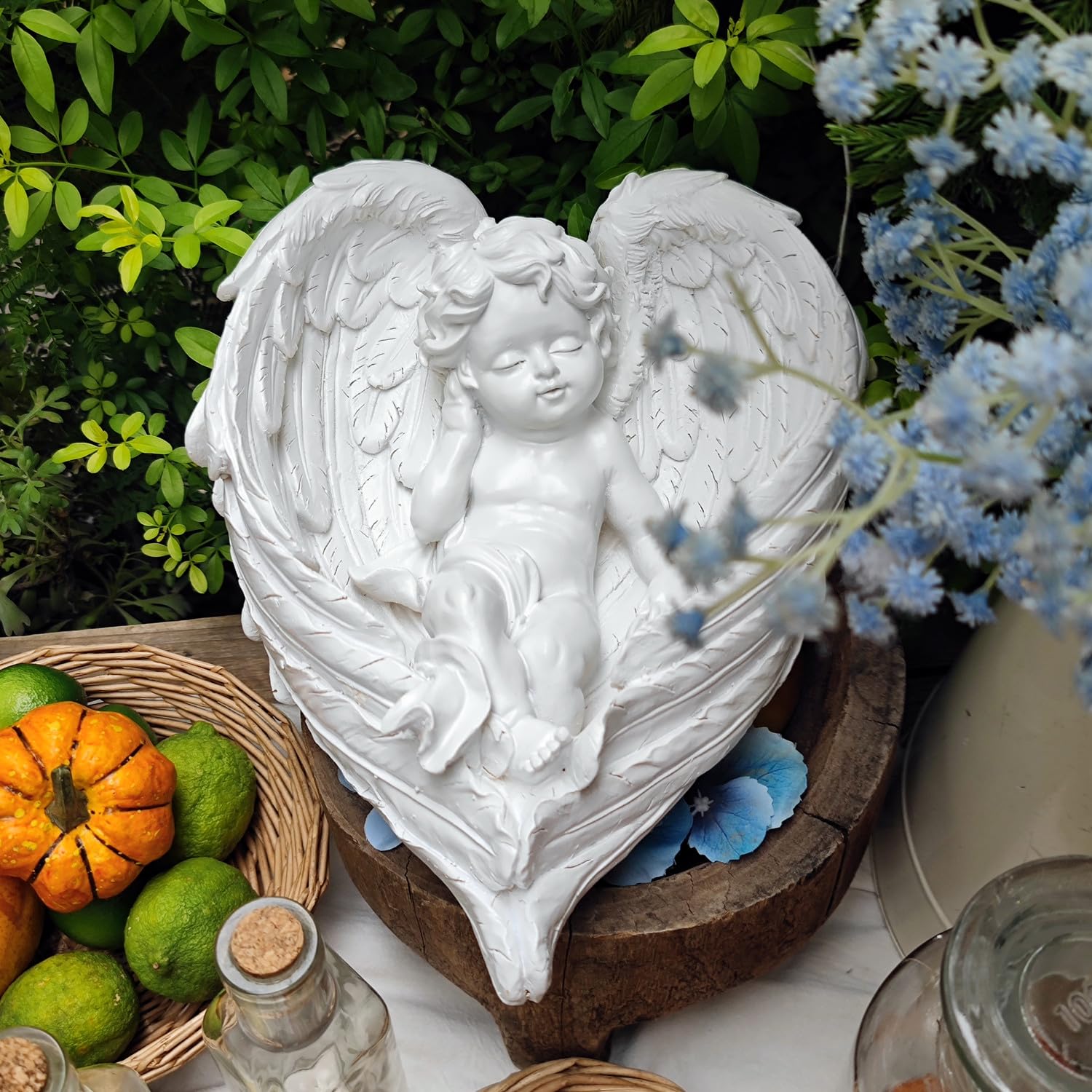 Moofar White Sleeping Cherub Angel Statue With Wings Resin Cupid Sculpture For Shelf Tabletop Garden Patio Decor, Vintage Angel Figurine