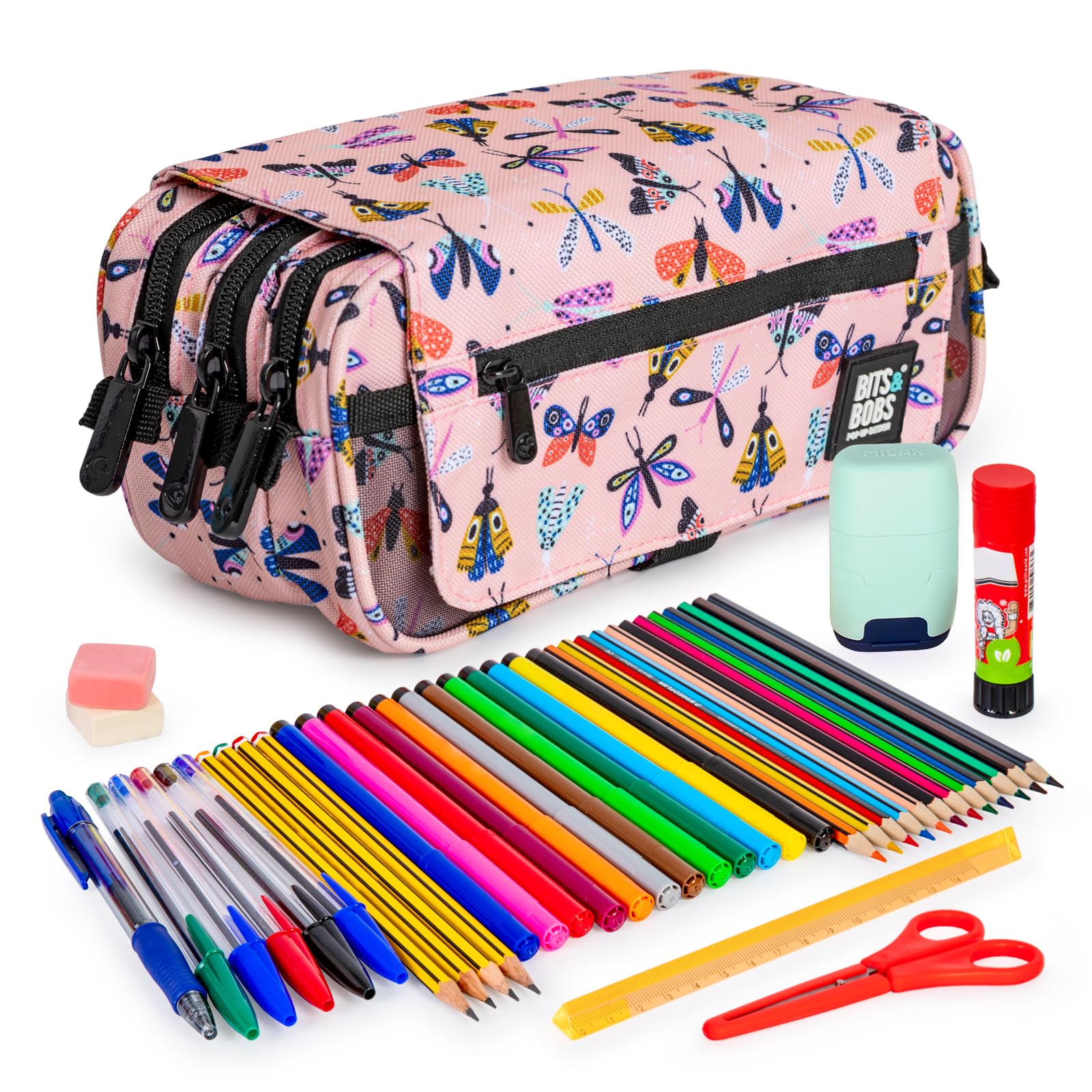 ColePack Design - Lote de Estuche Portatodo Triple con 3 Cremalleras y Material Escolar de Primeras Marcas Incluido (Butterfly)