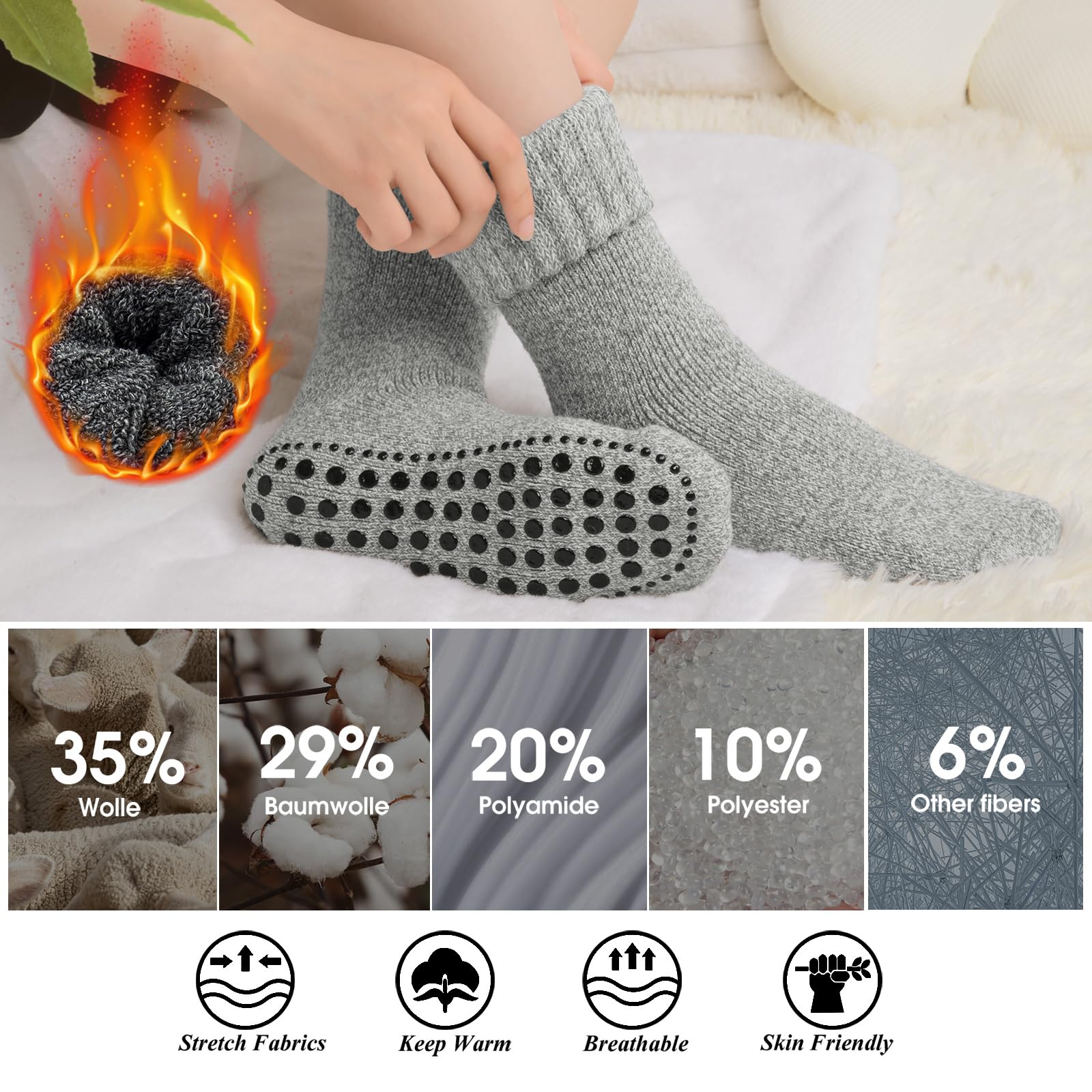 Chalier Finery 3 Paias Calze Antiscivolo Calzini di lana maglia, Calze Antiscivolo Invernali Donna/Uomo, Calzini di Lana Termici Sono un Ottimo Regalo, EU42-46