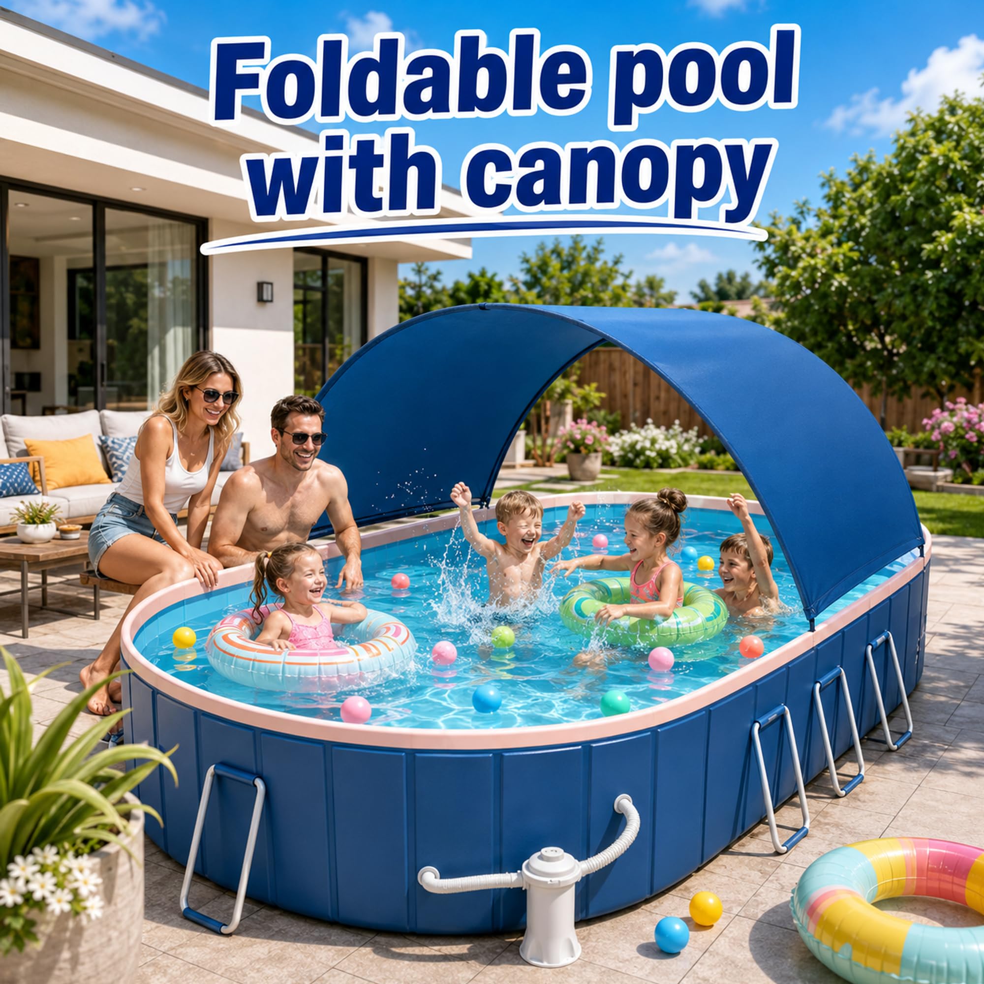 Faltpool Mit Dach, Nicht Aufblasbarer Pool | PVC-Faltpool Für Erwachsene & Kinder, Abnehmbare Sonnendach, Doppelablauf, Garten Terrasse Camping(2.1m/6.9ft)