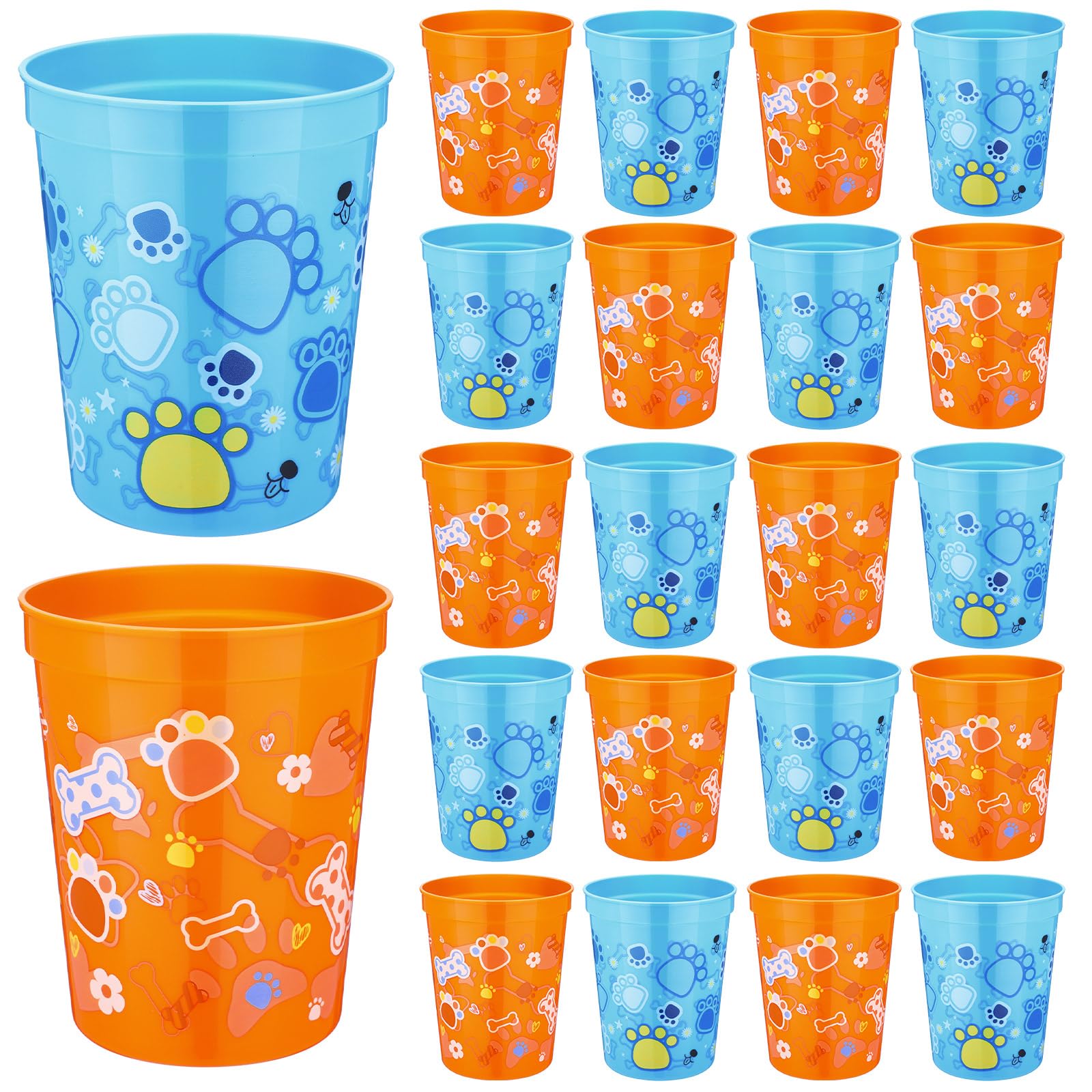 Qinyoung 24 Pcs Blue Dog Birthday Party Supplies 16 oz Plastic Cups Reusable Dog Paw Themed Cups for Birthday Decorations, Party Favors for Ice Coffee, Smoothie, Juice(Blue Orange)