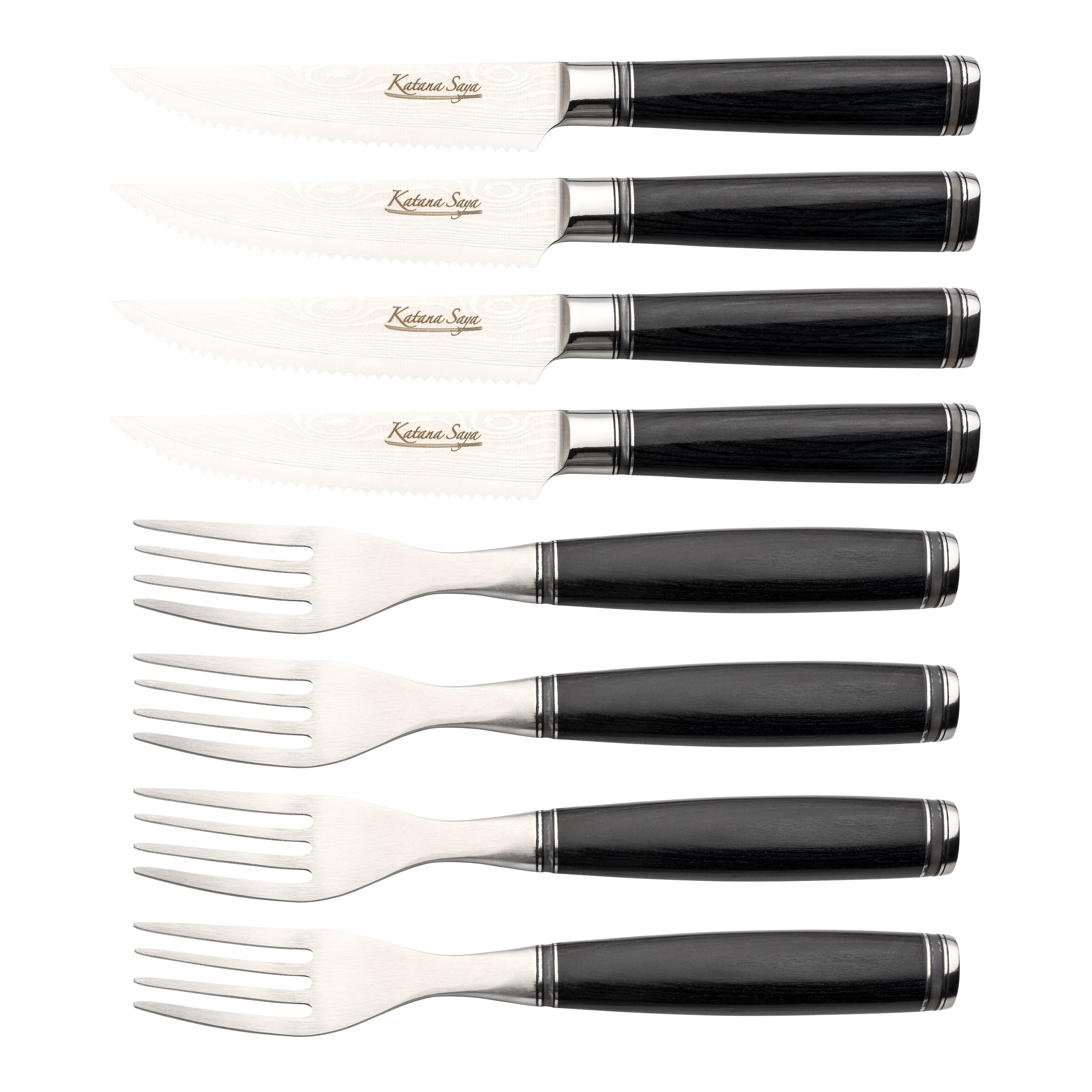 Juego de cuchillos y tenedores para carne 8 piezas, acero damasco VG-10, mangos de madera de pakka