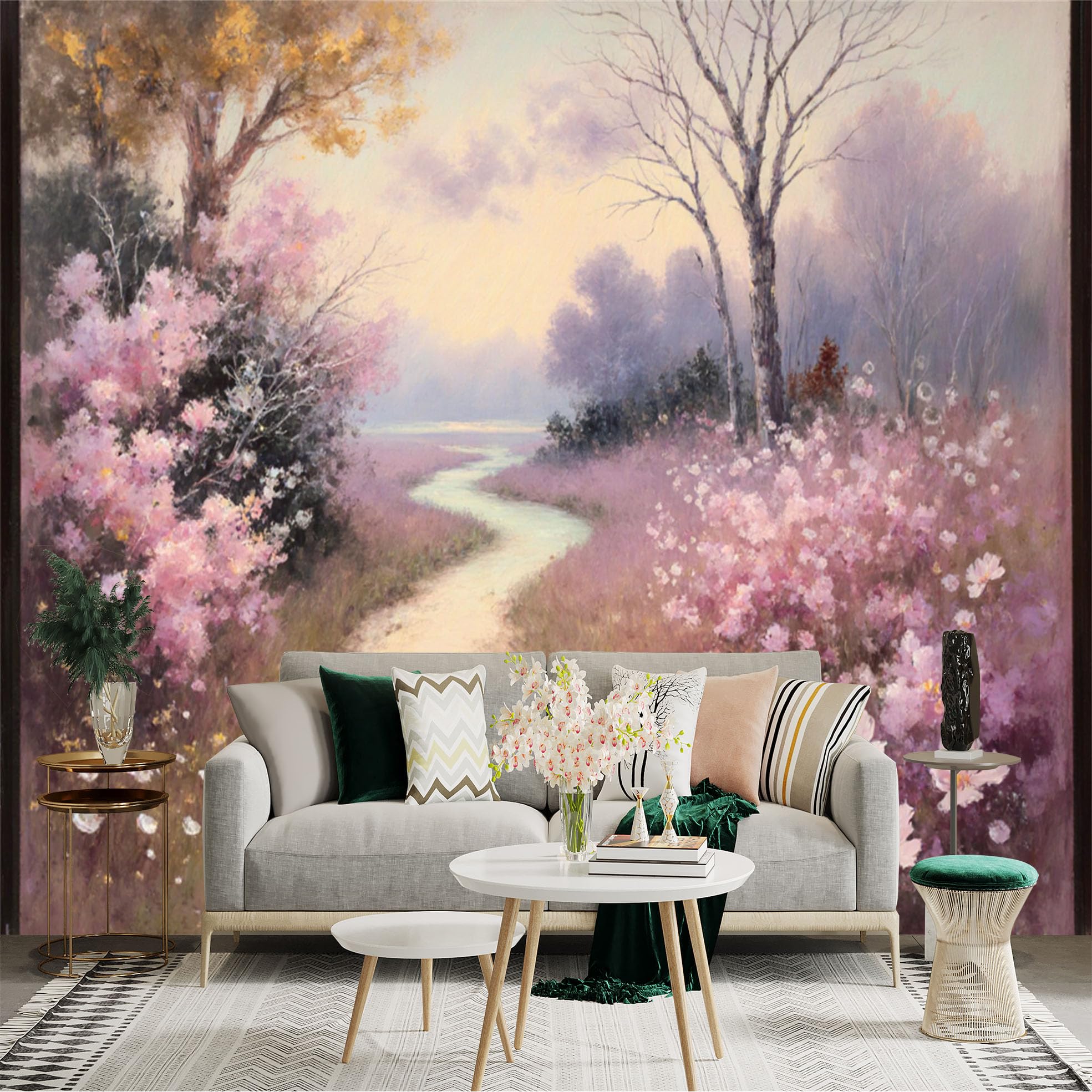 Lnzczhyre Xc260505527 Custom Size Wall Sticker Mural， Impressionist Pathway， Blooming Pink Flowers， Serene Forest Stream， Springtime Garden Art， For Wall Decoration， Peelandstick Wall Decals.