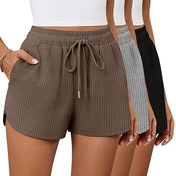 Riyiper 3 Pack Women's Waffle Knit Shorts Cotton Drawstring