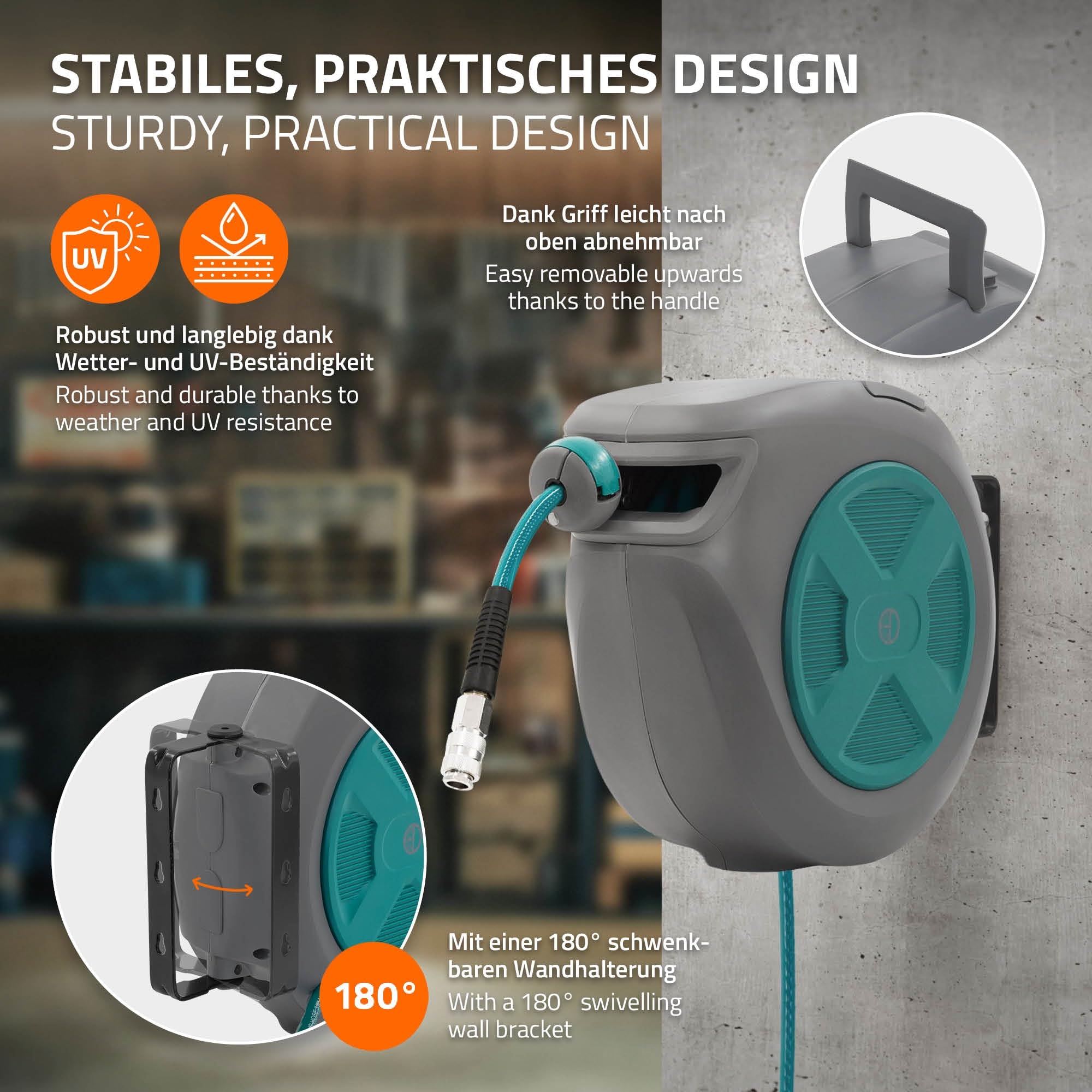 ECD Germany Carrete de Manguera de Aire Comprimido 15m + 1,5m Enrollador de Recogida Automática Conexión de 1/4" máx. 15 bar, Giratorio 180°, Ø12mm Portamangueras de Jardín con Kit de Montaje en Pared