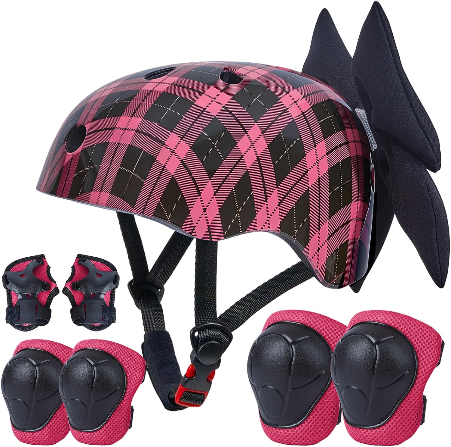 Helmet for Kids 8-14 with Knee Pads and Elbow Pads Set, Kids Bike Helmet with DIY Bow, Adjustable Youth Girls Helmets for Bicycle Scooter Skateboard Black-Pink M (20.5–22.8 in/52-58 cm; Age 8-14) - Image 1 of 7